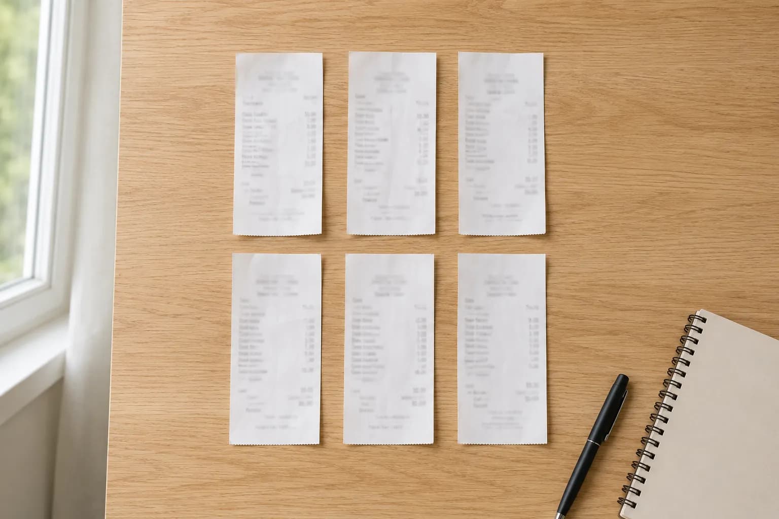 Six no-receipt return slips arranged in two rows on a light oak desk with a notebook and pen in a clean overhead flat lay.