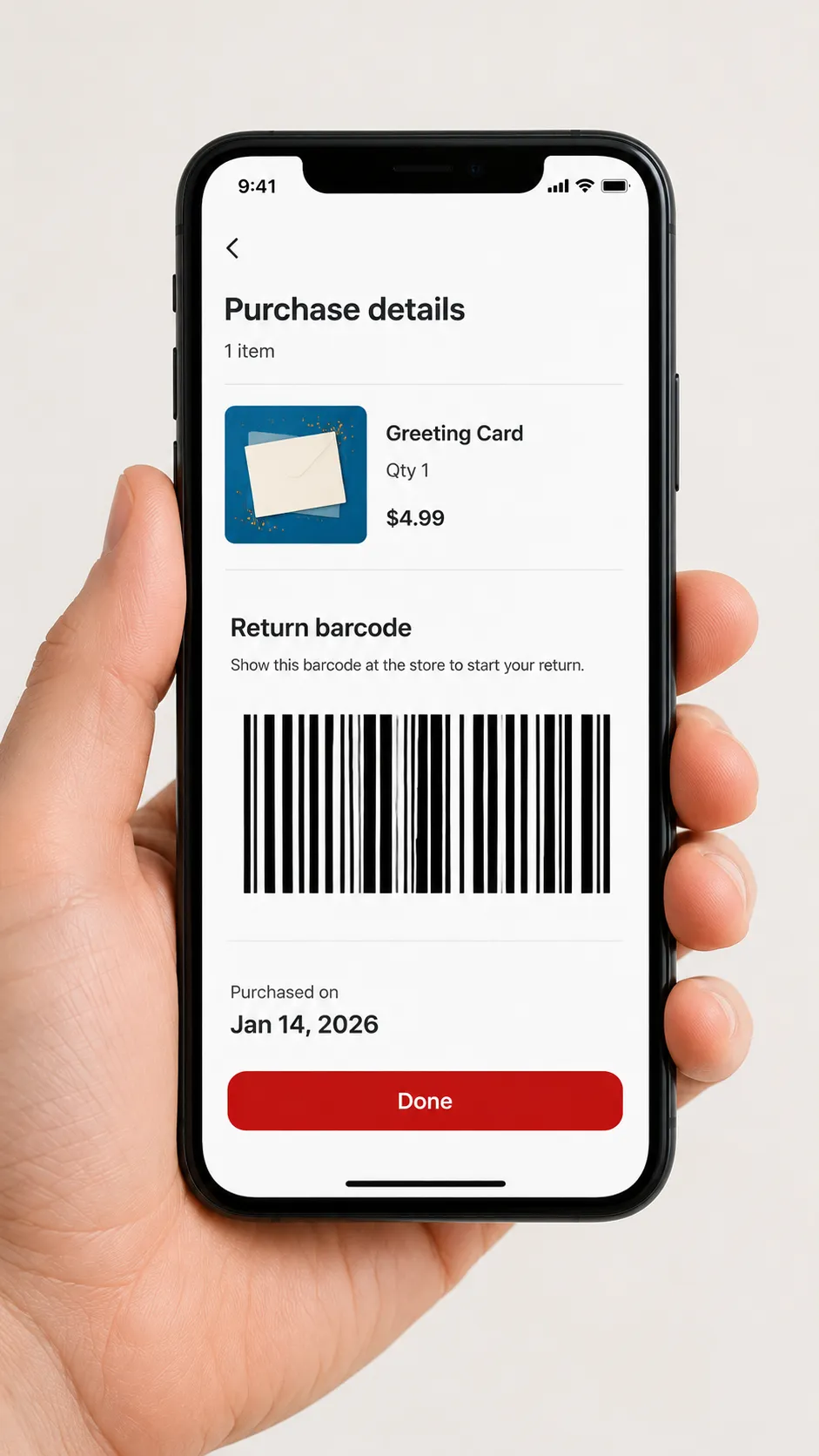 Smartphone displaying a generic retail app with a return barcode generated from an in-store card purchase for use at Guest Services.