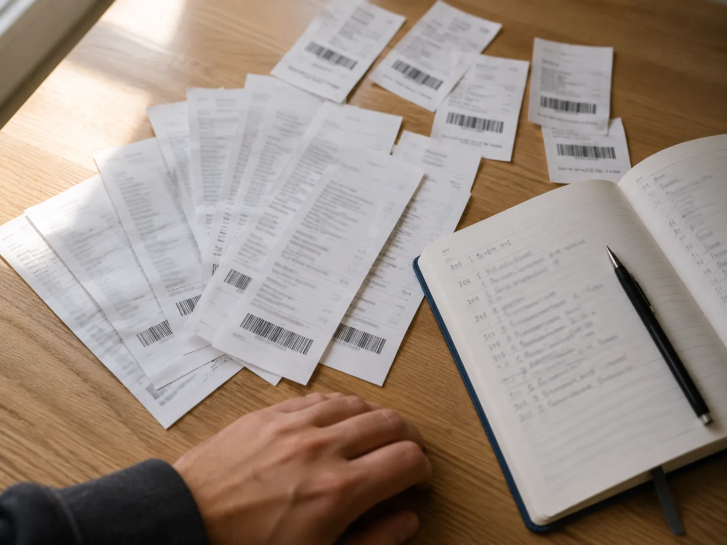Overhead view of twelve retail receipts and return barcode slips beside an open notebook, illustrating documented return records from February to July 2026.