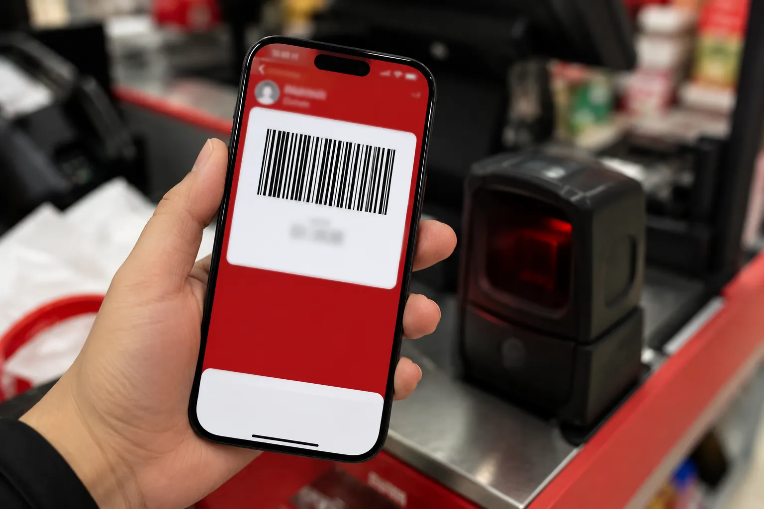 Smartphone displaying a Wallet barcode at checkout for purchase lookup, held in front of a barcode scanner with the retail checkout counter softly blurred in the background.