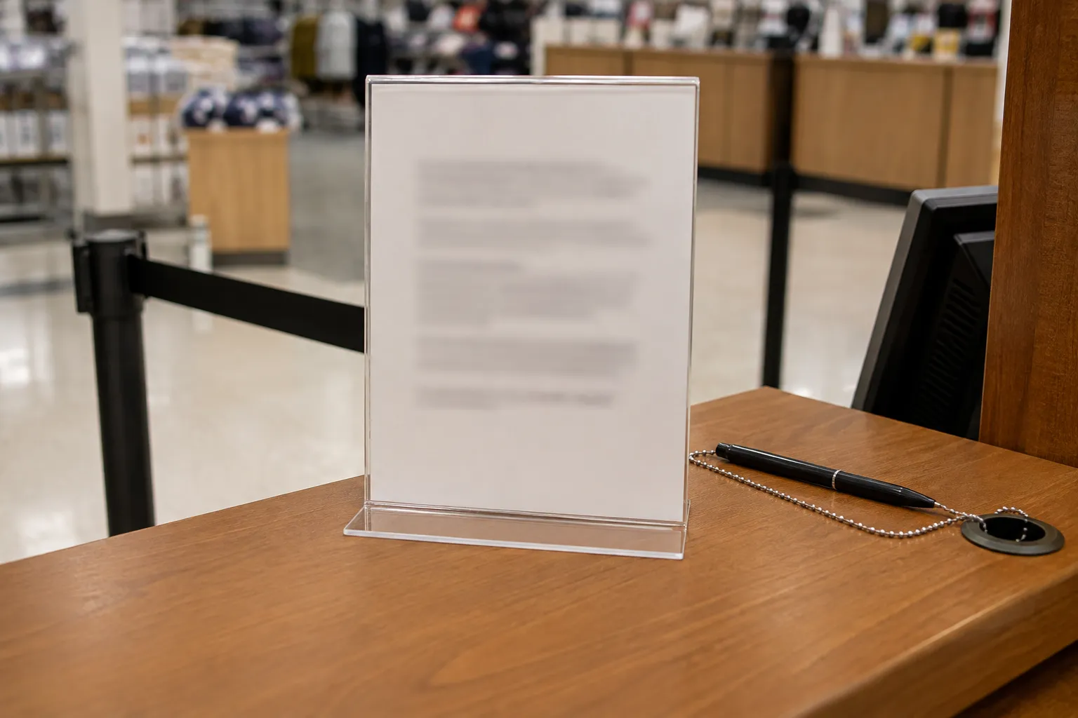 In-store TJX no-receipt return policy sign standing on a customer service counter.