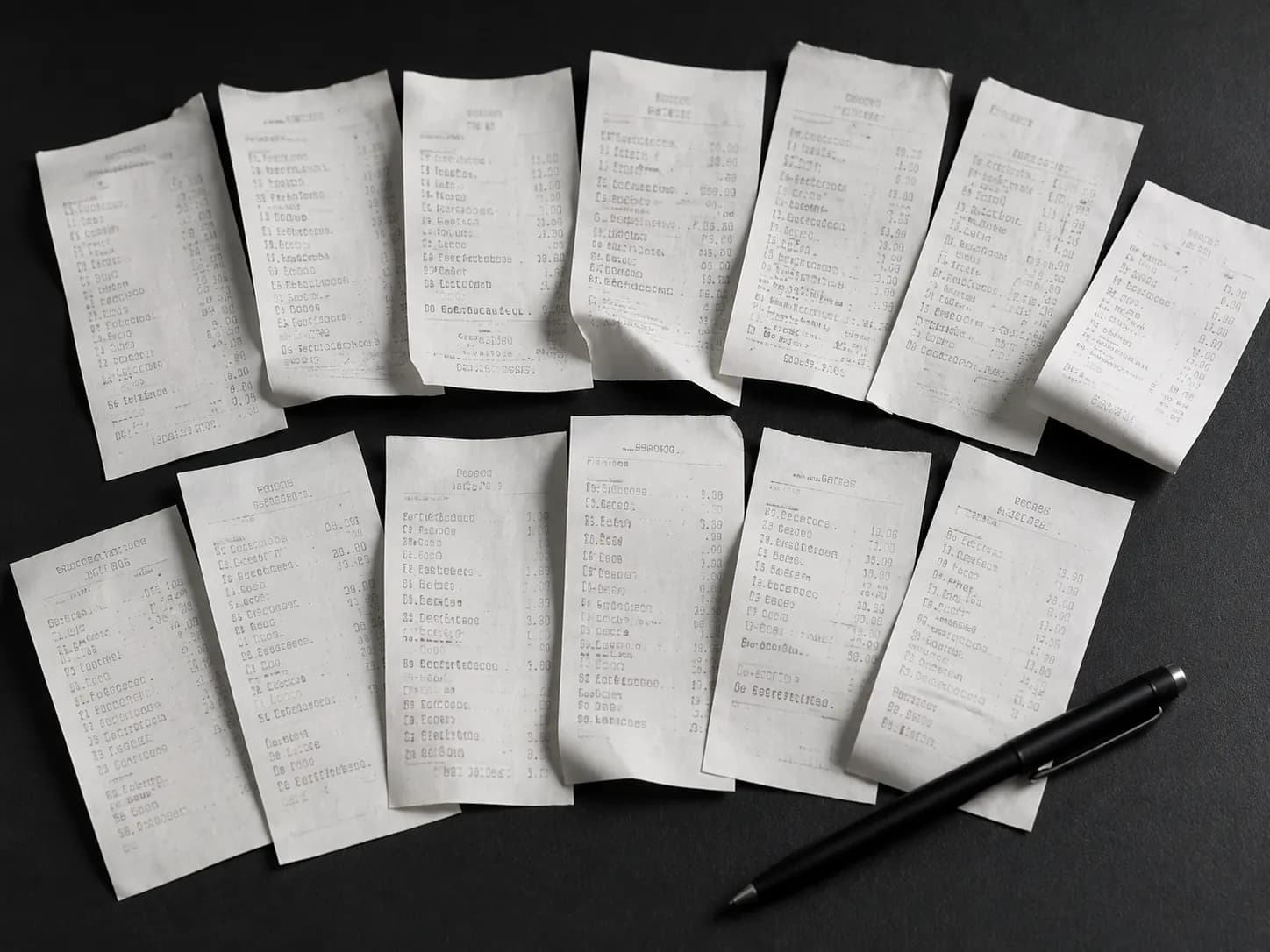 Overhead view of twelve thermal paper receipts spread across a dark desk with a black pen, illustrating the importance of keeping return receipts for possible refund reversals.