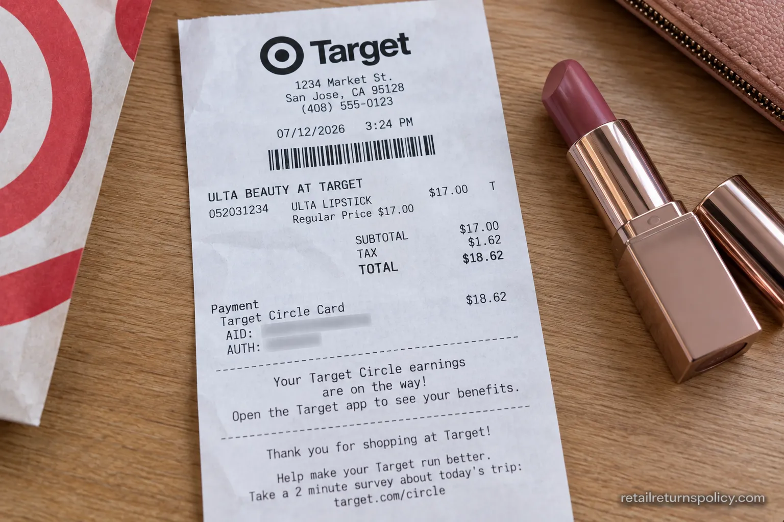 Ulta Beauty at Target receipt showing the return must go through Target