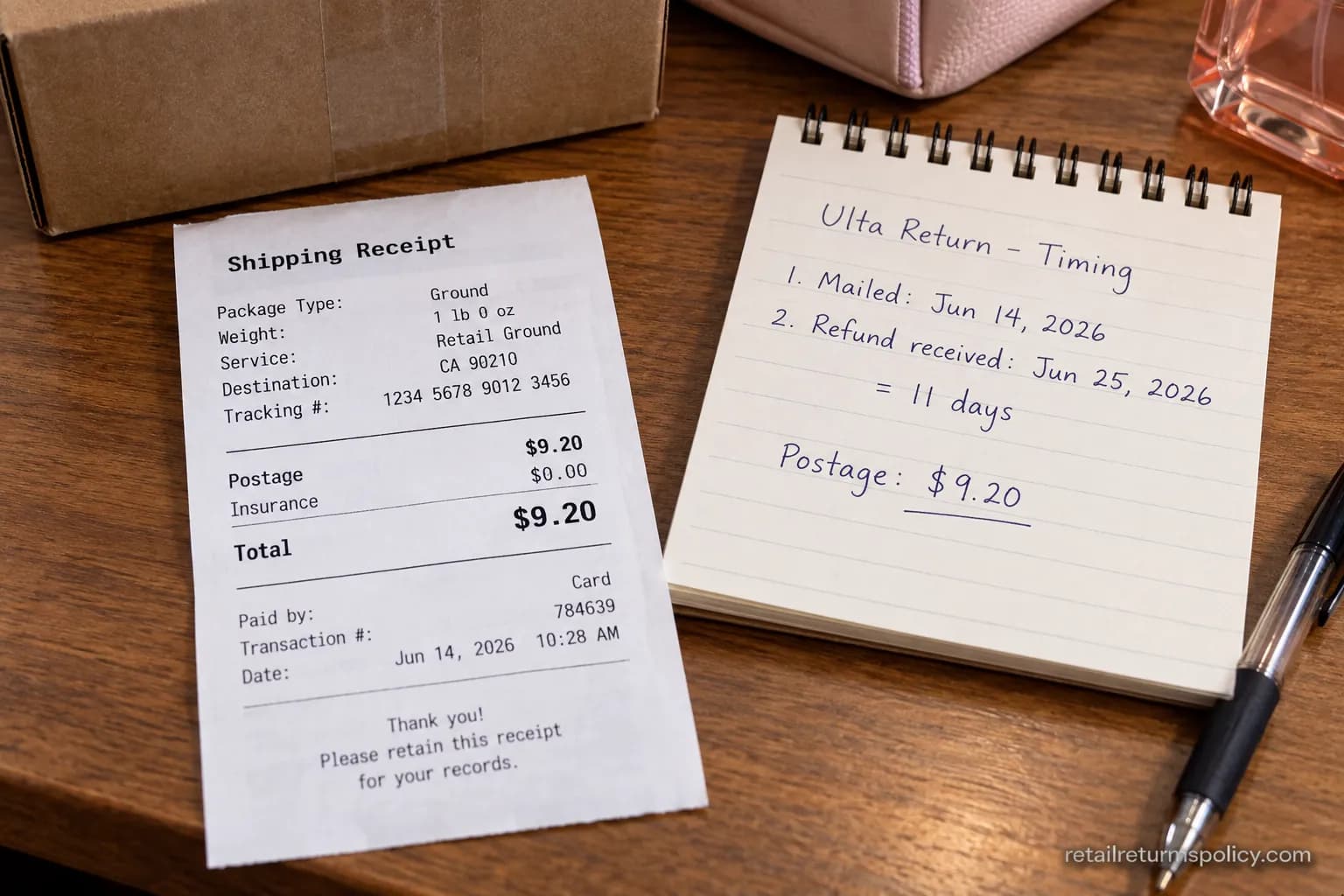 Shipping receipt and timing note for a mailed Ulta return costing $9.20