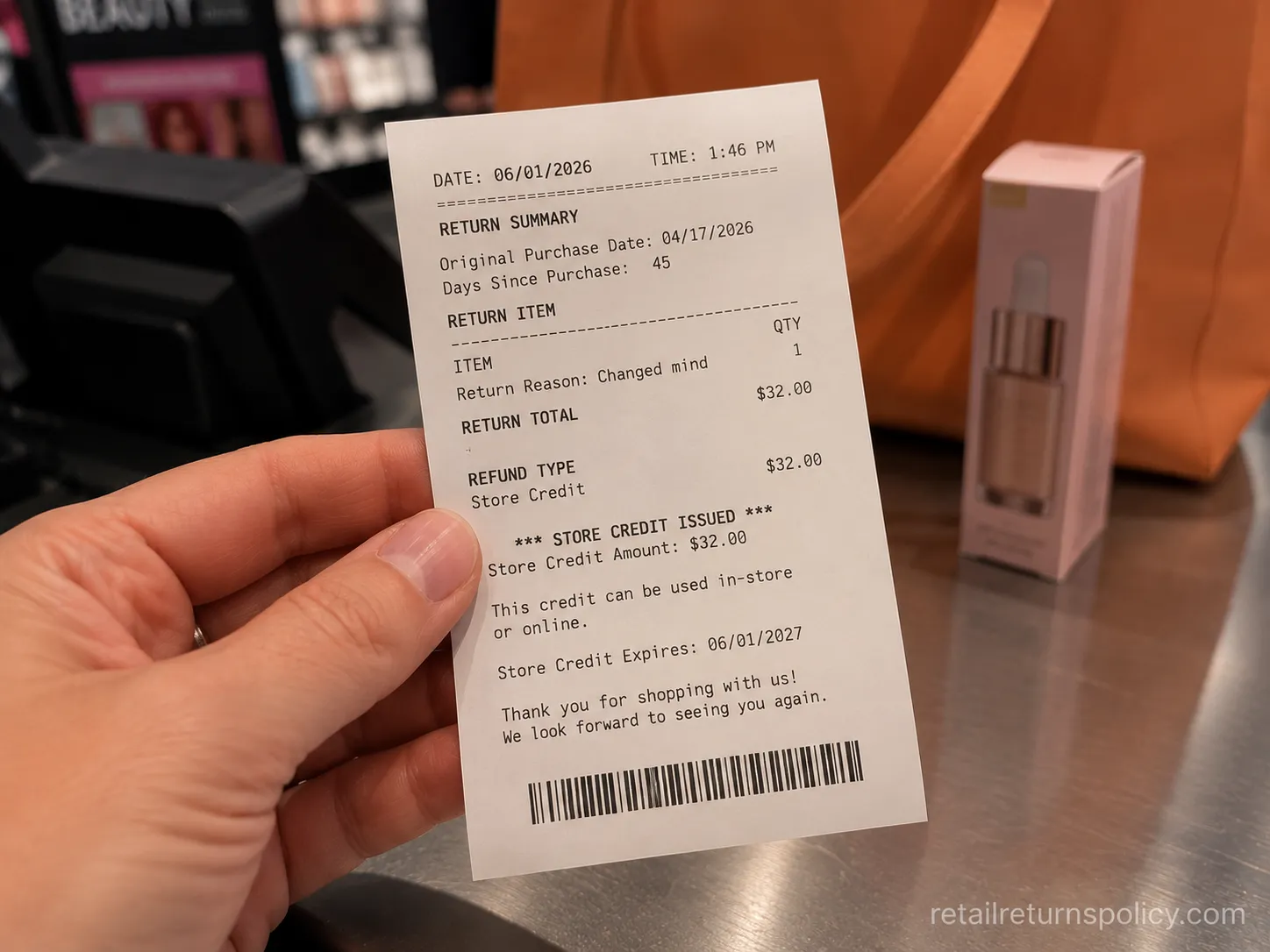 Ulta merchandise credit slip for a return made after 30 days