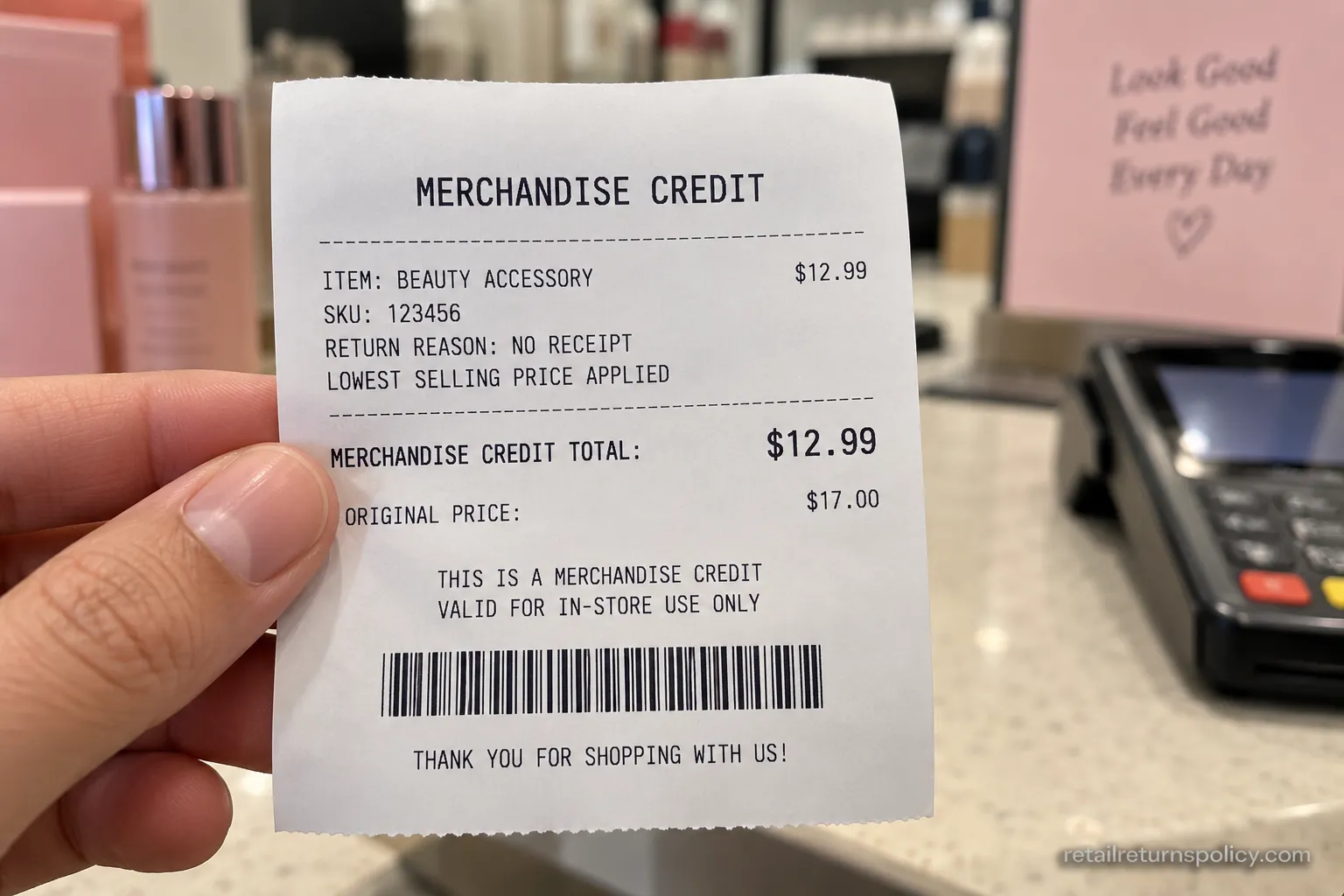 Merchandise credit slip showing a reduced lowest-price payout for a no-receipt return