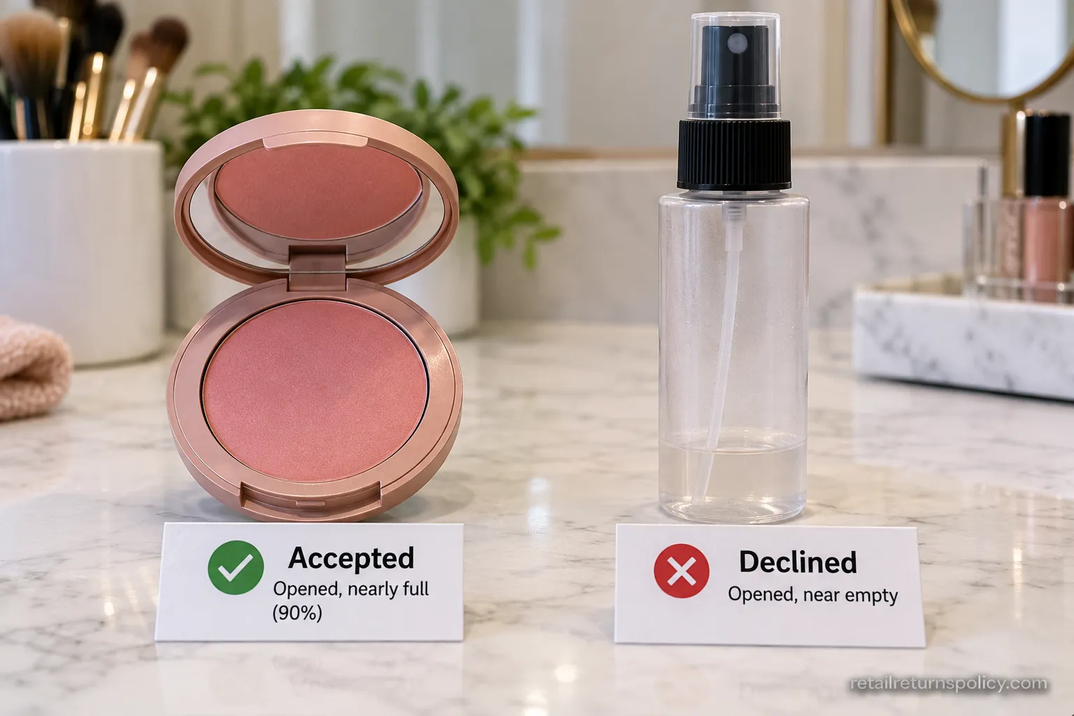 A nearly full blush accepted versus a near-empty setting spray declined at Ulta