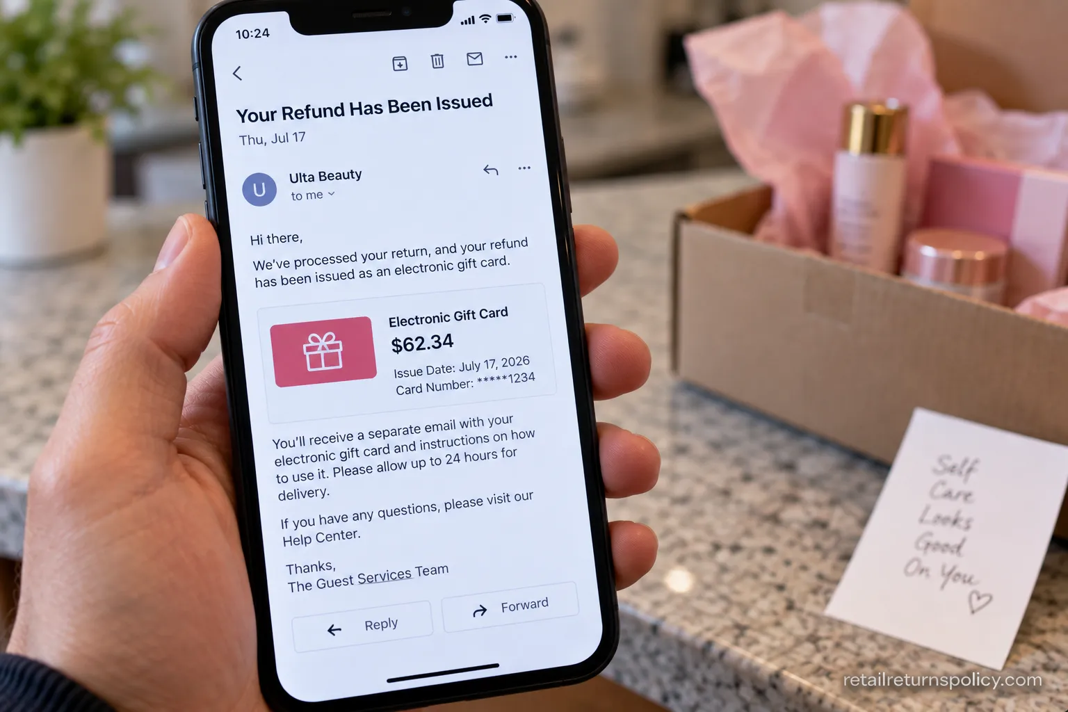 Refund email showing an Ulta electronic gift card issued for a day 41 return