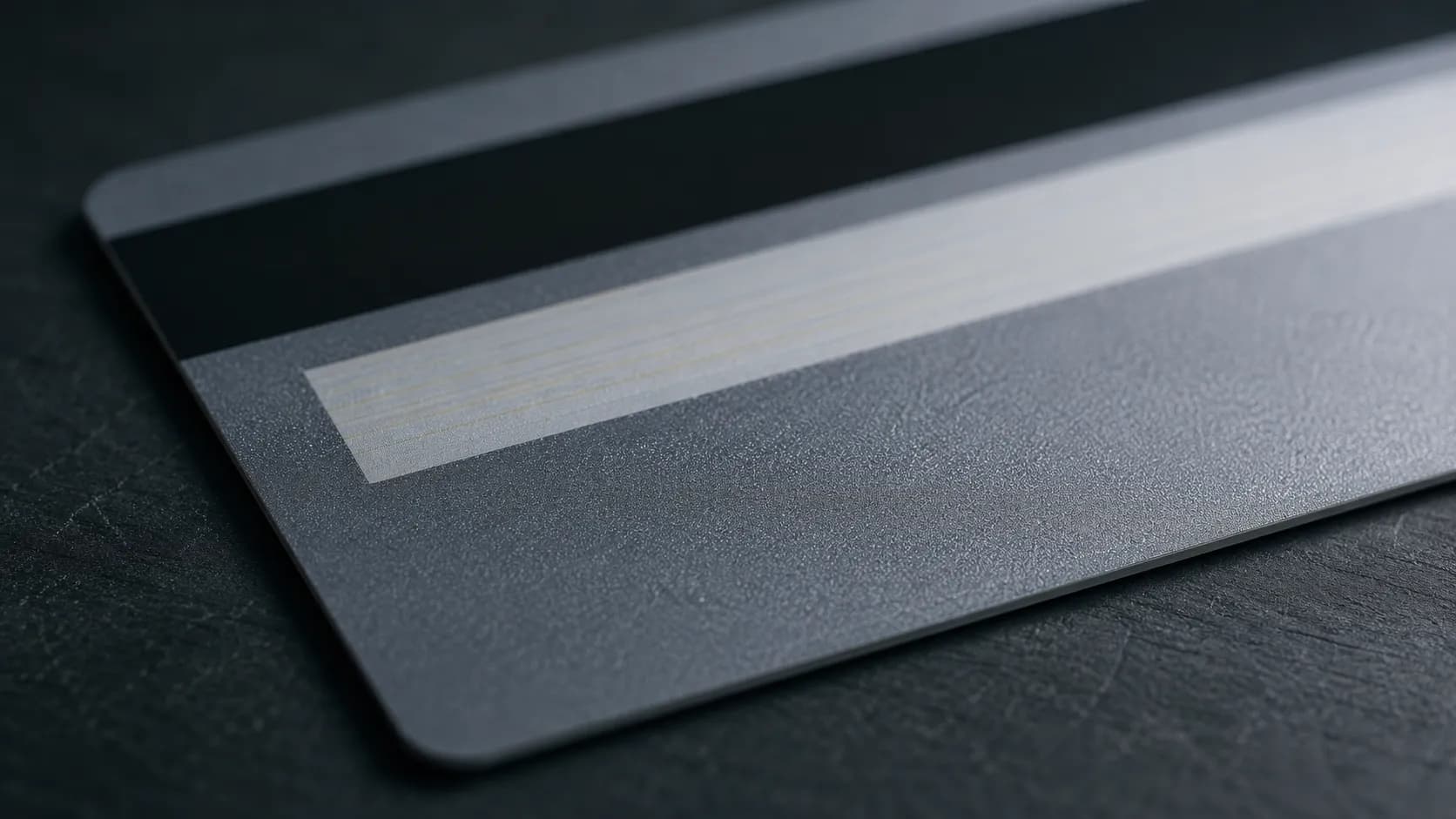 Close macro view of the reverse side of a plain unbranded payment card showing the magnetic stripe and signature panel on a dark charcoal background with cool directional lighting.