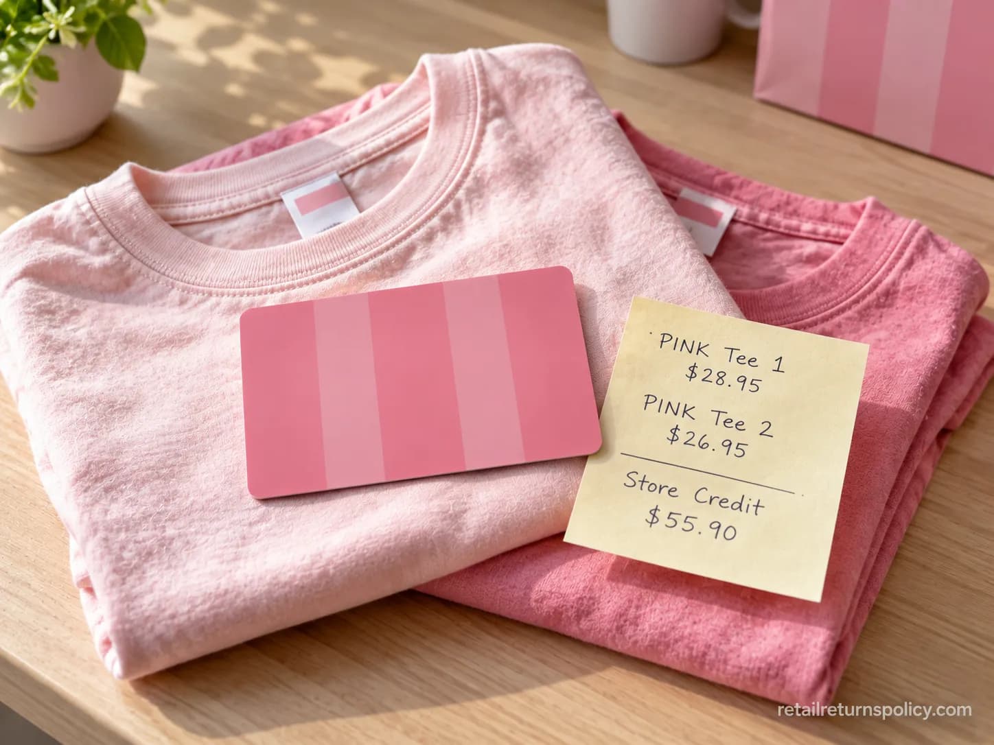 Victoria’s Secret merchandise credit card issued for a no-receipt return, shown with two folded PINK tees