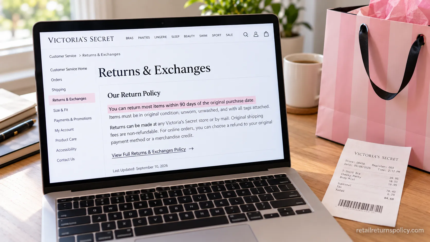 Victoria’s Secret official store return guidelines showing the 90-day return window, captured September 2026.