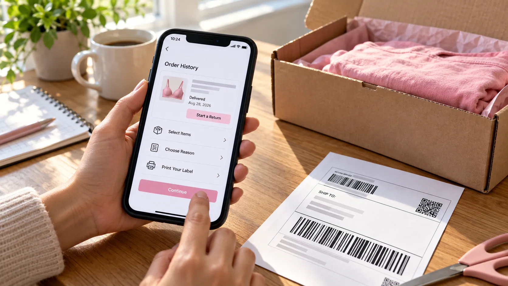 Steps to return a Victoria’s Secret online order shown on a phone with a printed label and packed mailer.