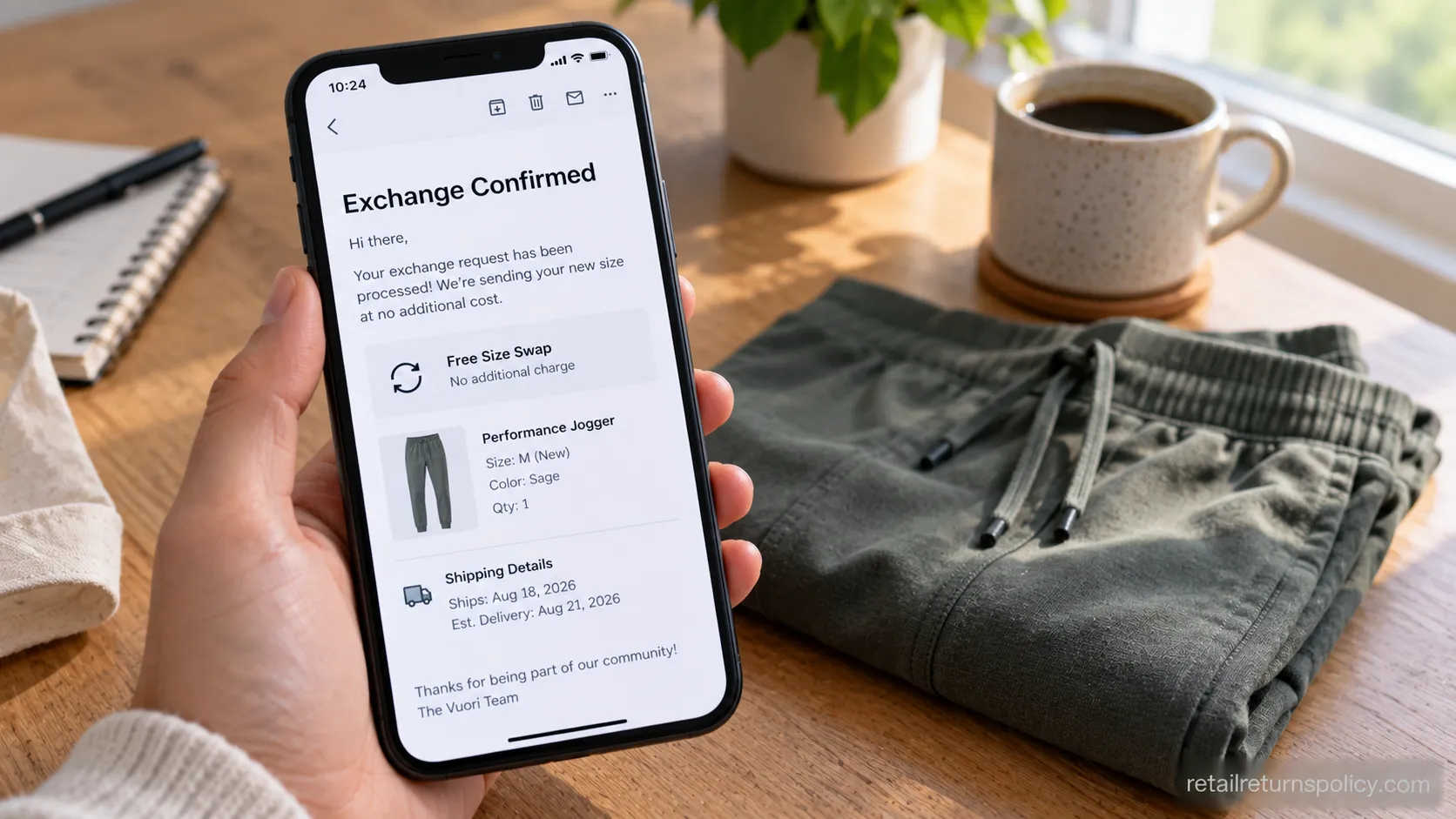 A phone displaying an activewear exchange confirmation for a free online size swap.