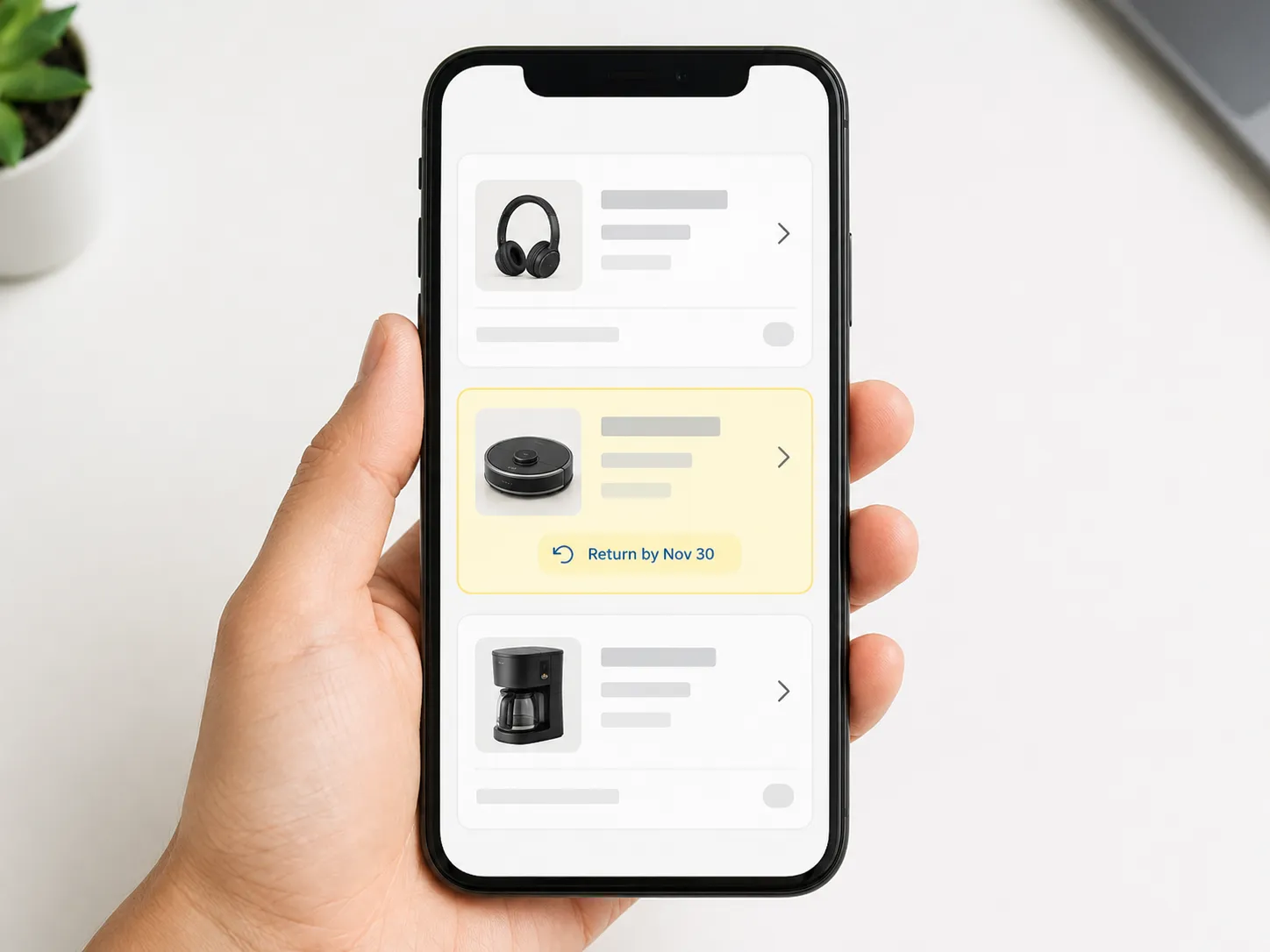 Generic mobile shopping app purchase history showing a November order with a per-item return-by date highlighted, while the order number and personal details are redacted for privacy.