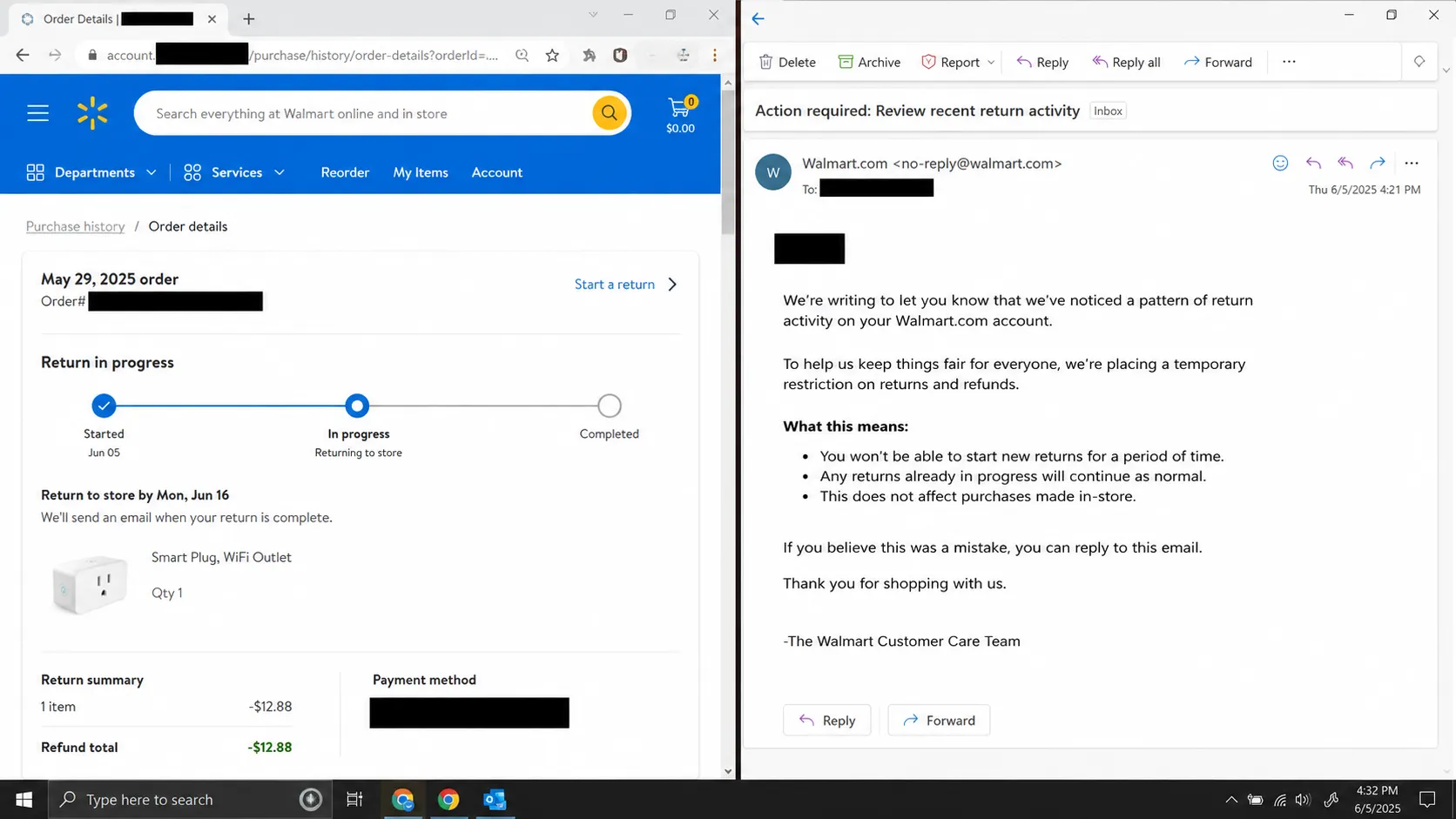 Split-screen showing a return-in-progress order status beside a return activity email, with account details and email addresses redacted for privacy.
