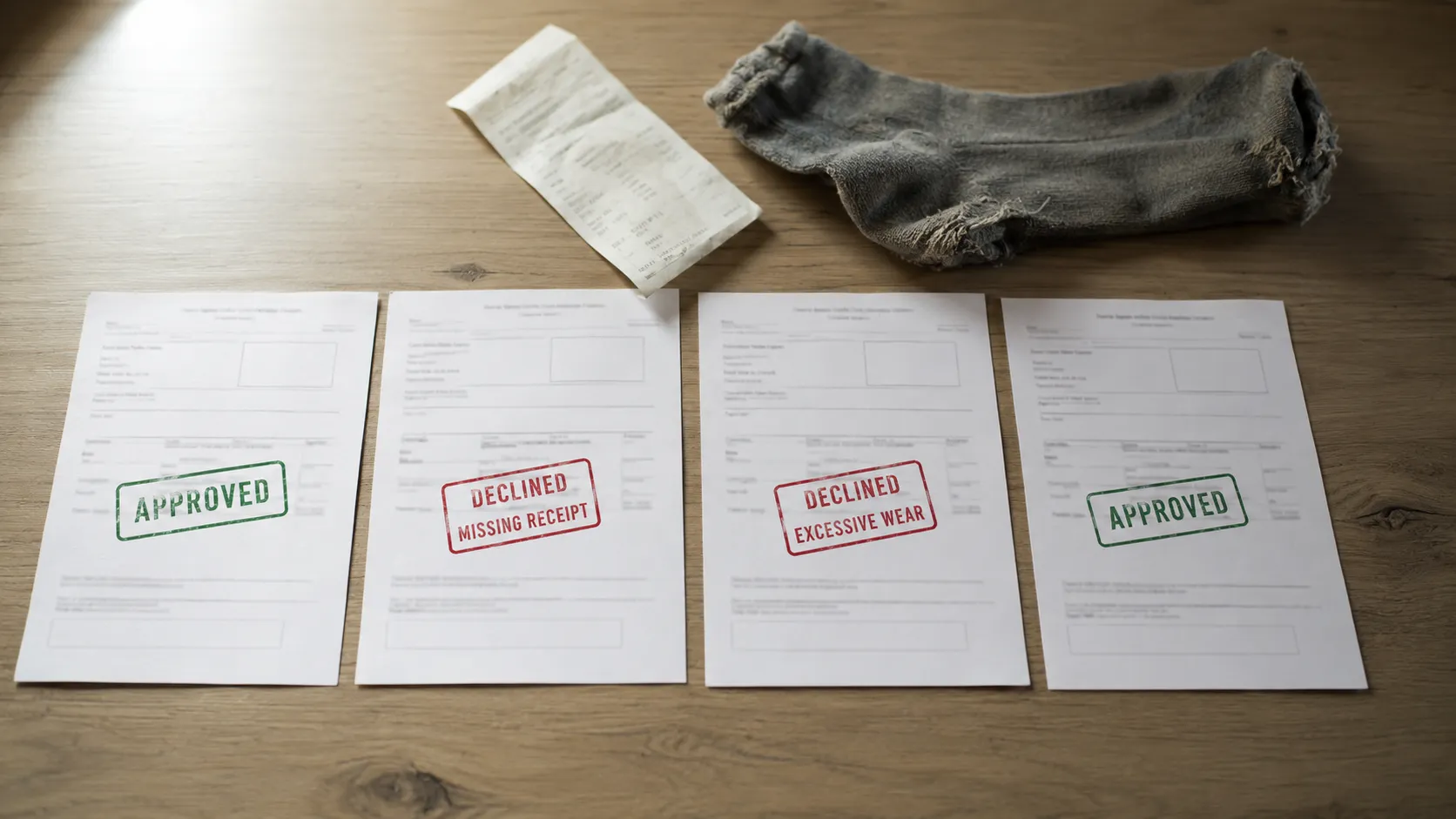 Top-down view of four warranty claim forms showing two approved claims and two declined claims, alongside a faded receipt and a worn fabric item, illustrating common warranty claim outcomes.