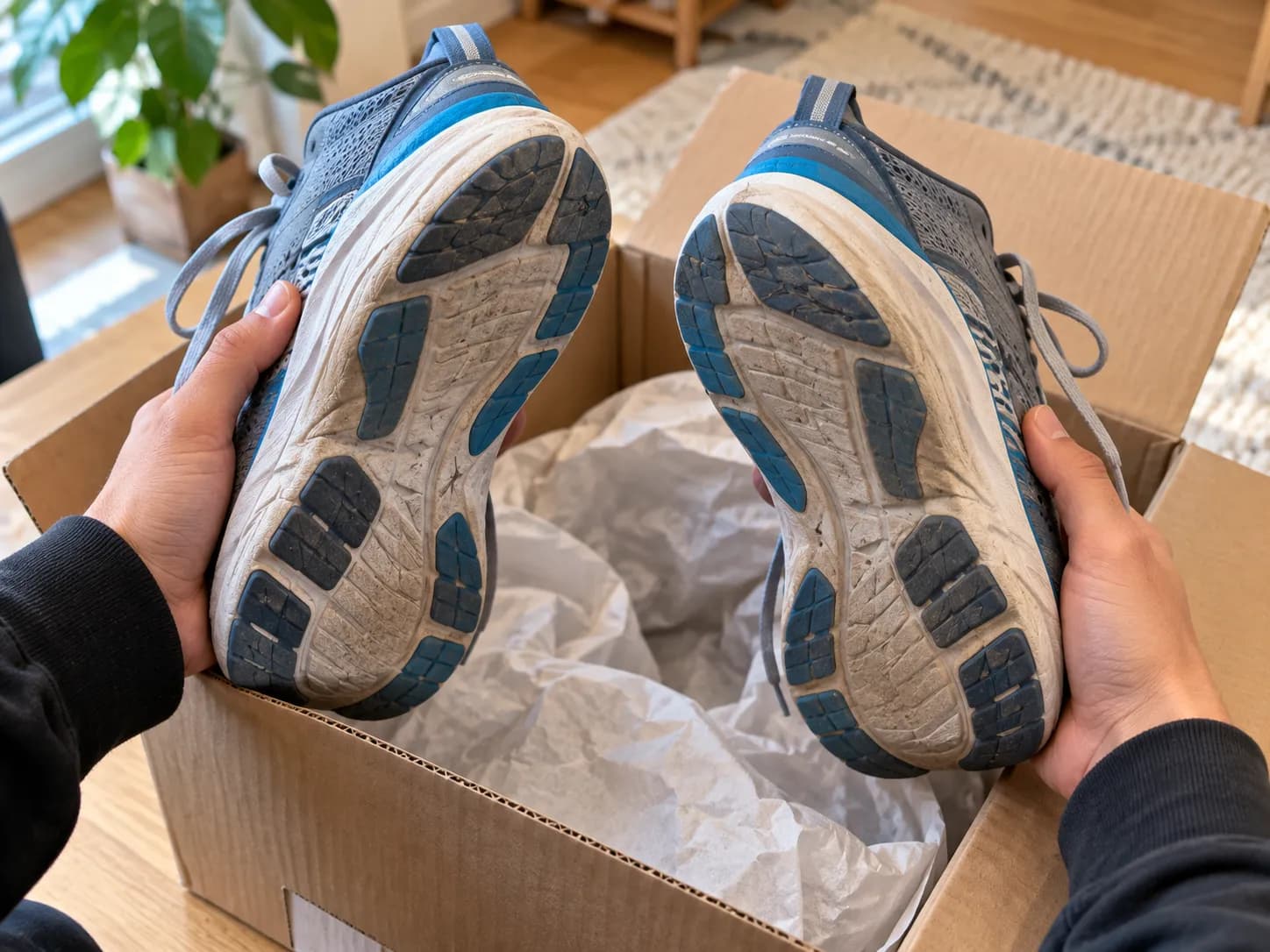 Worn Hoka Clifton shoes held over a return box before shipping for a refund