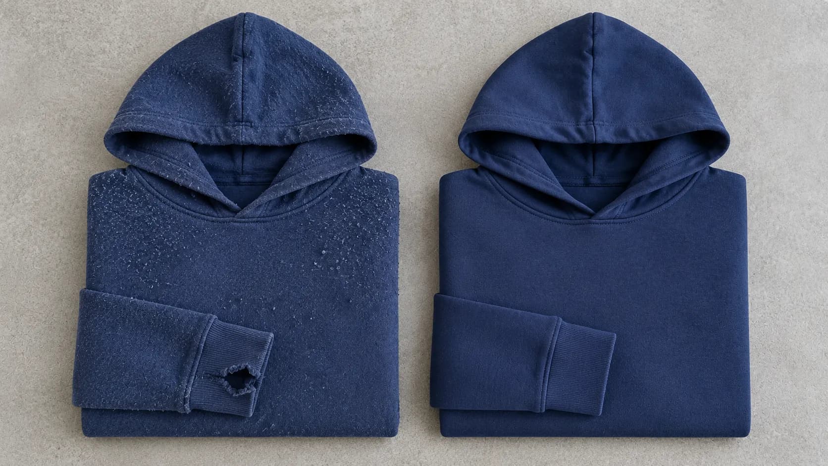 Side-by-side comparison of a worn children's hoodie with pilling and cuff damage next to a new replacement hoodie illustrating an even exchange outcome.