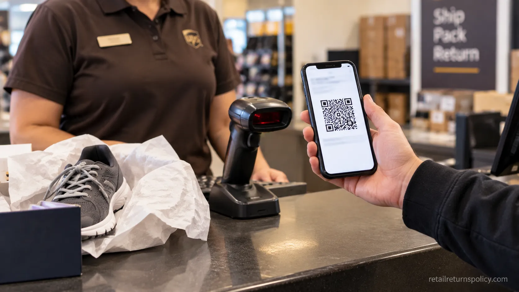 Box-free Zappos return with a QR code shown at a drop-off counter.