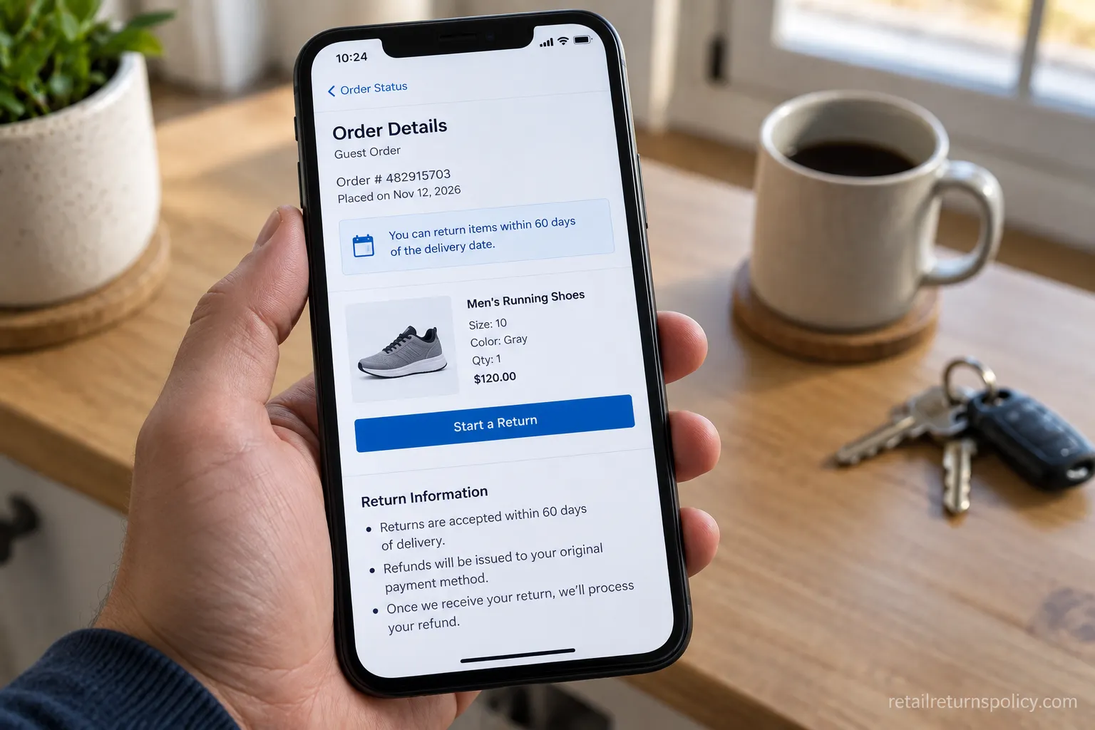 Zappos guest checkout order page showing a 60-day return window on a phone.