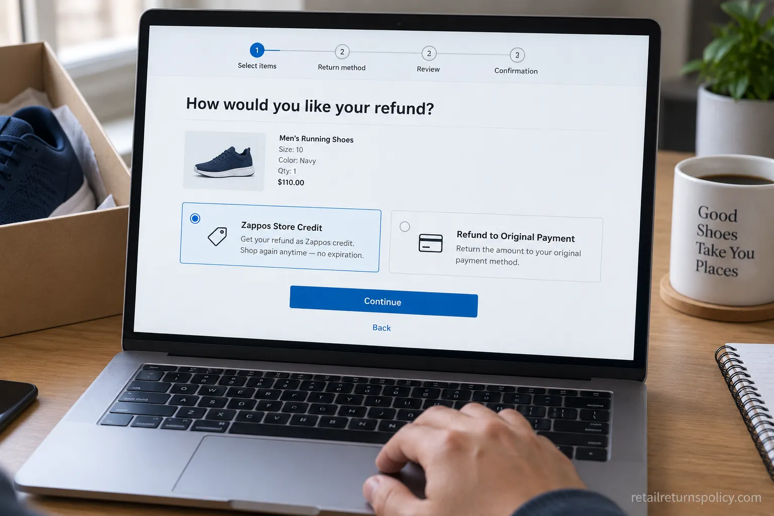 Zappos return screen showing store credit versus original payment refund choice.