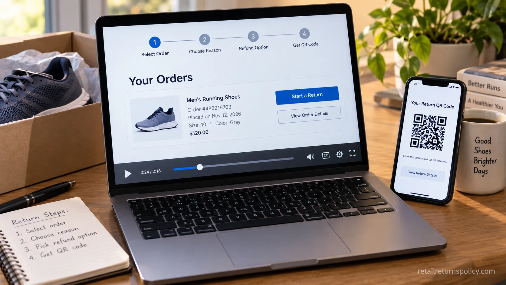 Zappos online return walkthrough shown on a laptop and phone.