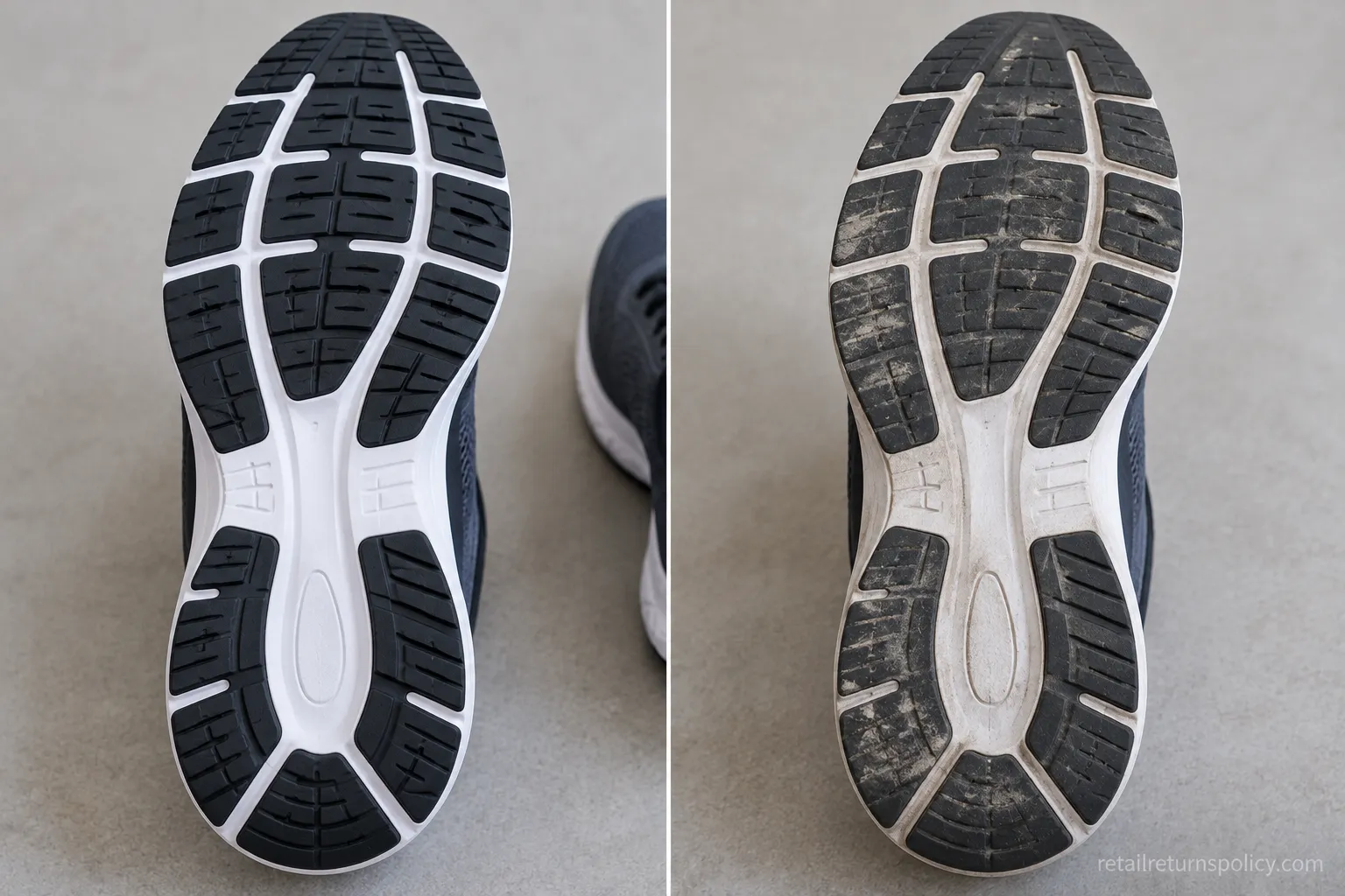 Zappos return condition test: clean shoe sole accepted versus scuffed sole rejected.