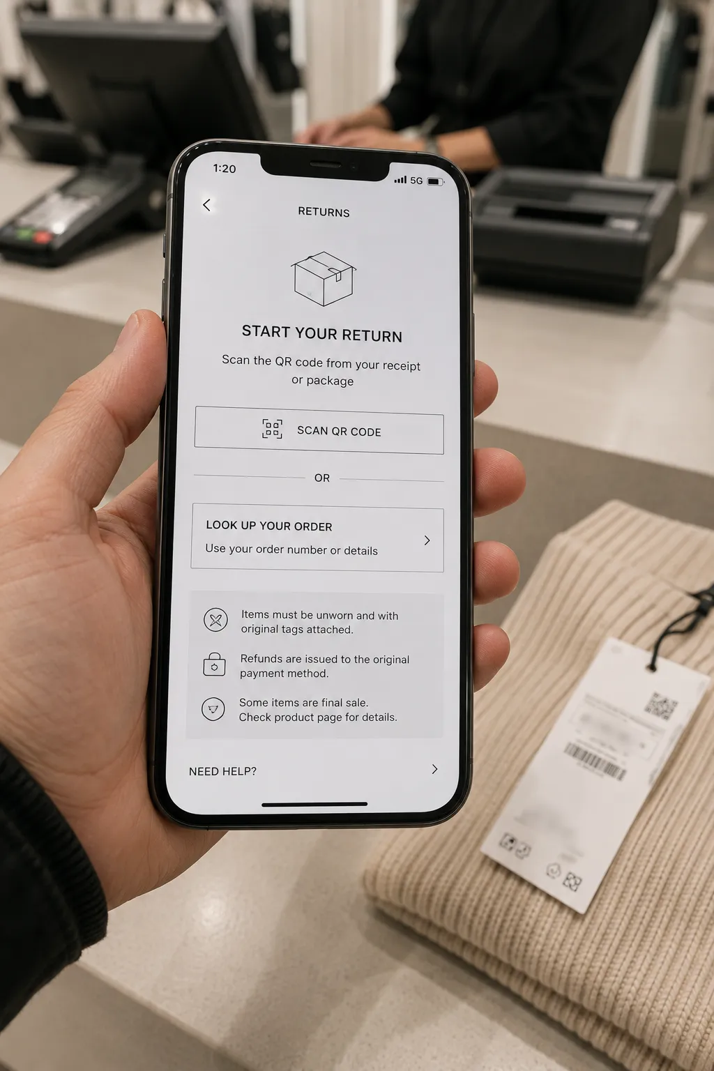 Zara app return screen requesting a QR code or order lookup at a store desk.