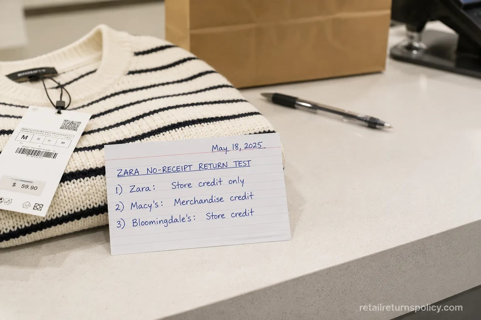 Dated note summarizing a three-store Zara no-receipt return test on a counter.