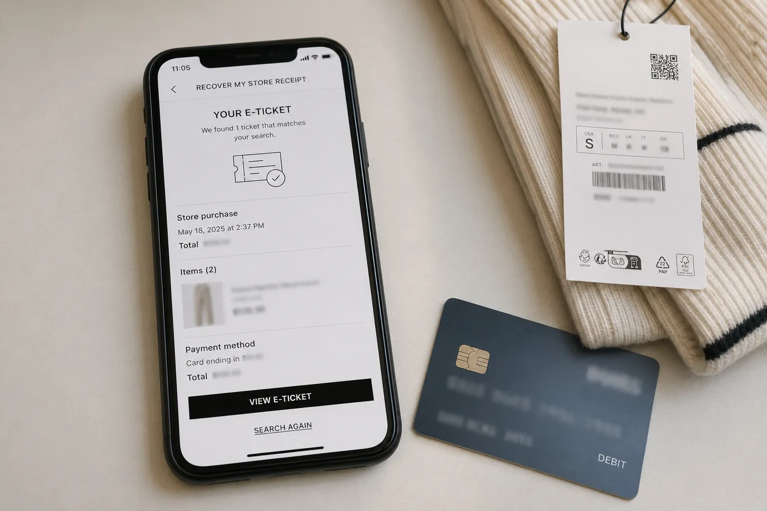 Zara Recover My Store Receipt tool showing a recovered e-ticket beside a payment card.