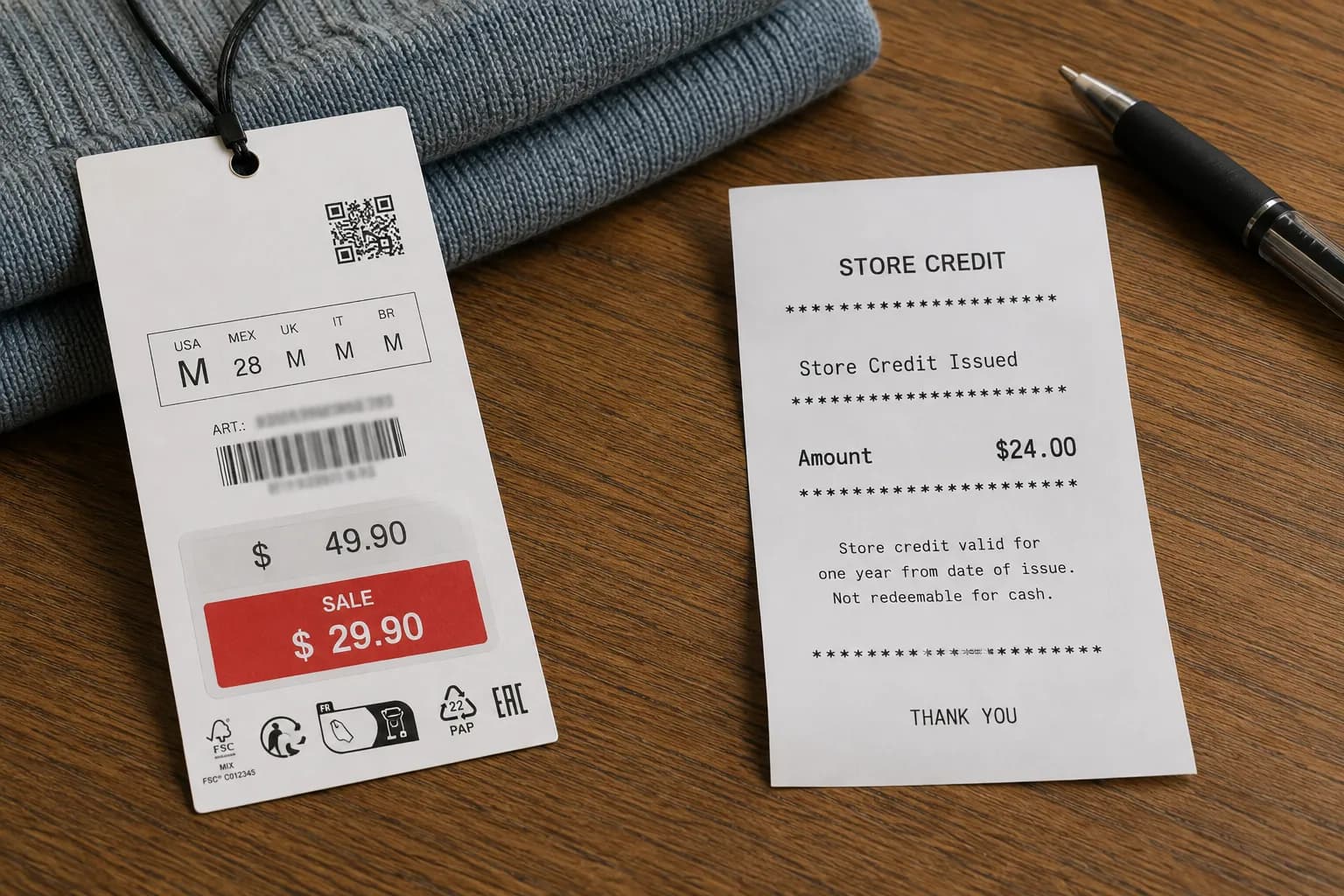 Zara sale price tag beside a lower store-credit slip showing the refund gap.