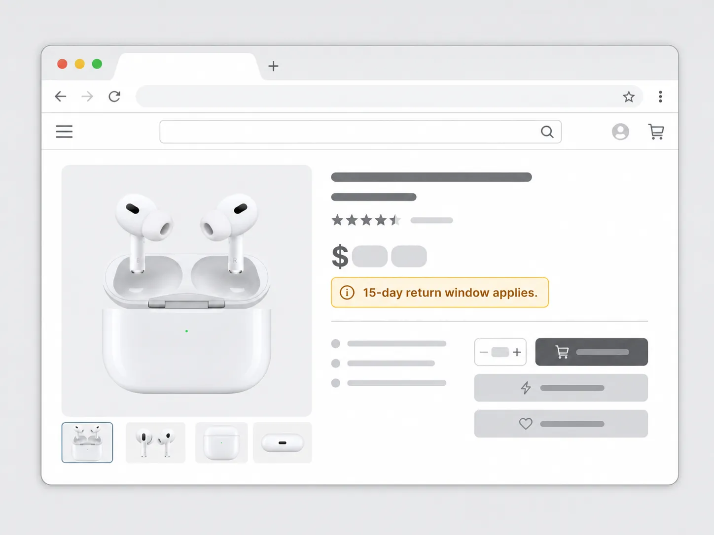 Flat vector illustration of a generic e-commerce product page showing white wireless earbuds with a highlighted notice stating "15-day return window applies" beneath the product details.