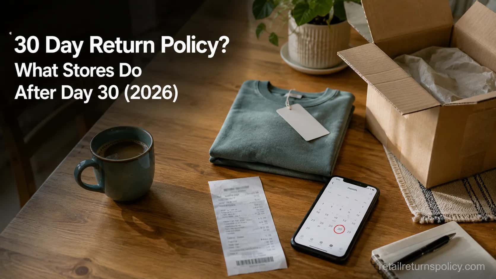 shopper checking a 30 day return policy deadline on a phone calendar beside an open return box on a kitchen table