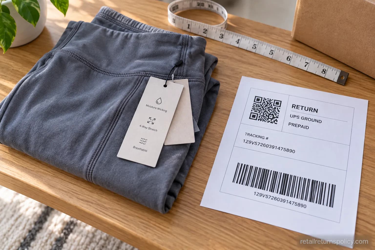 Activewear leggings with hangtags attached next to a printed return label
