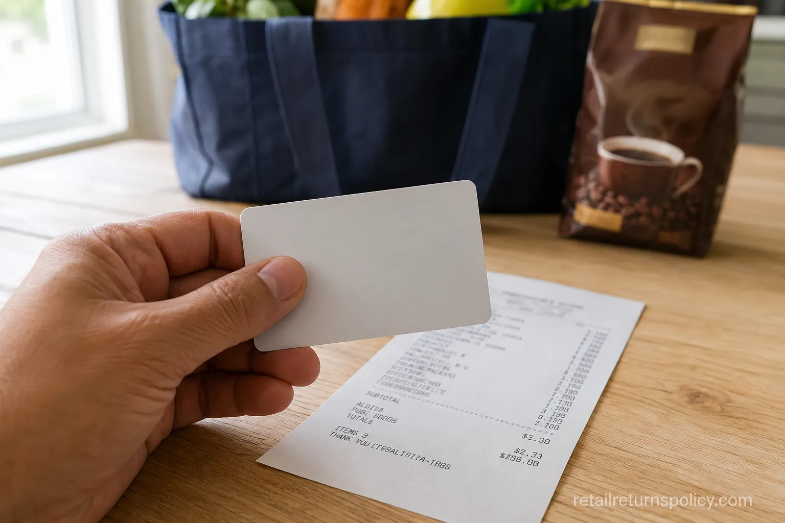 ALDI Merchandise Credit gift card held over a receipt after a no-receipt grocery return.