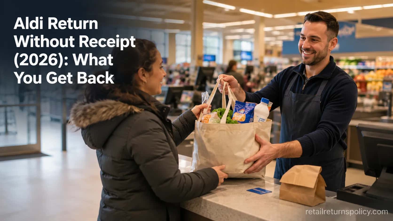Shopper returning store-brand groceries at a supermarket customer service counter, cover image for a no-receipt returns guide.