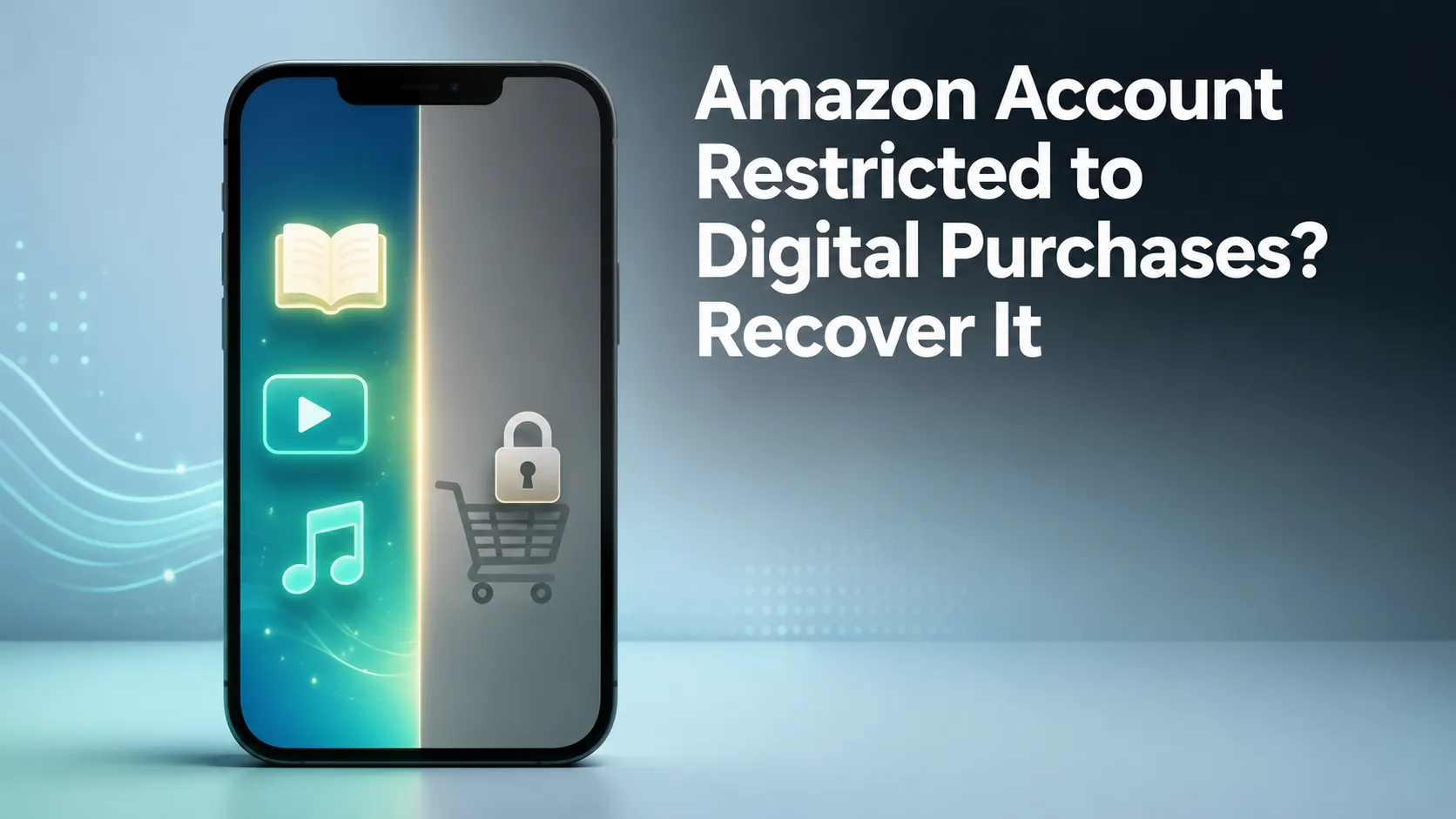 Featured illustration of a smartphone with a split screen showing active digital content on one side and a greyed-out shopping cart with a padlock on the other, representing an Amazon account restrict