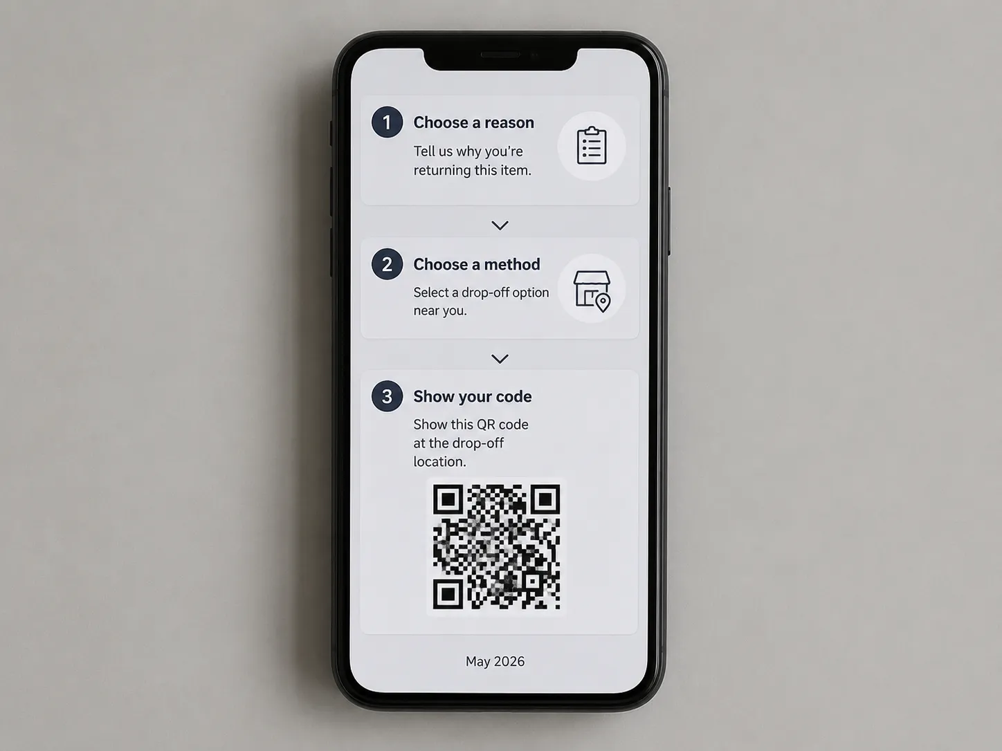 Illustration of a generic smartphone return flow showing three steps—reason, method, and QR code—for a box-free retail drop-off, representing an Amazon return process.