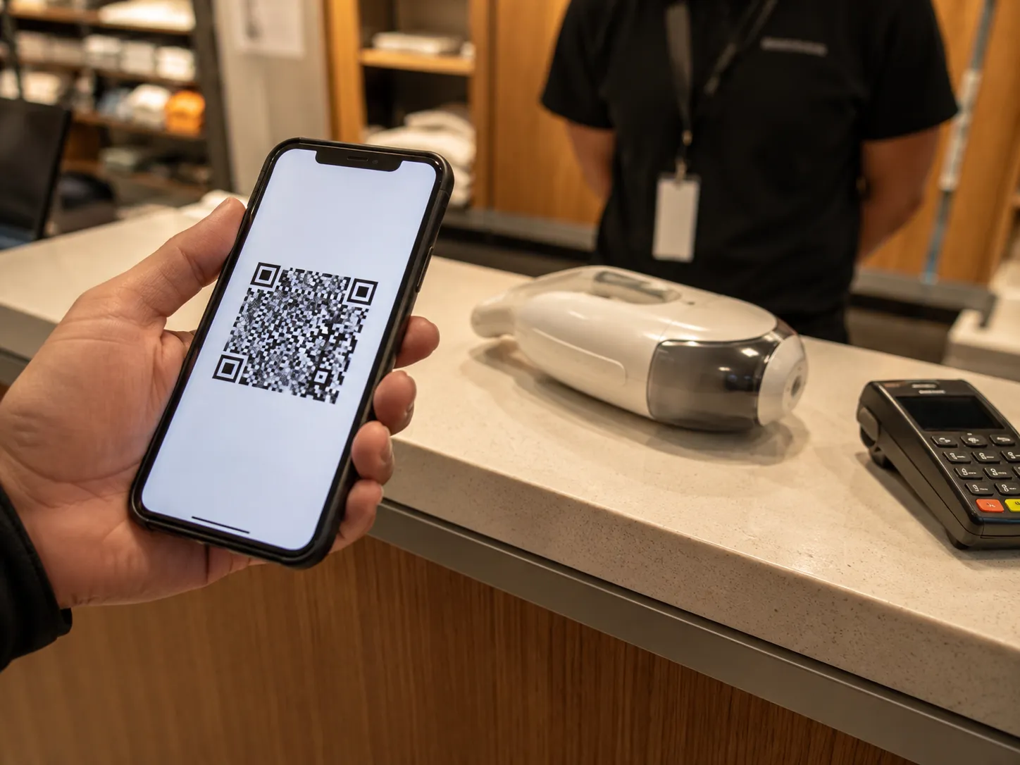 Adult holding a smartphone with a QR code at a retail service counter for a box-free return drop-off, with an unboxed household item on the counter and a blurred store associate in the background.