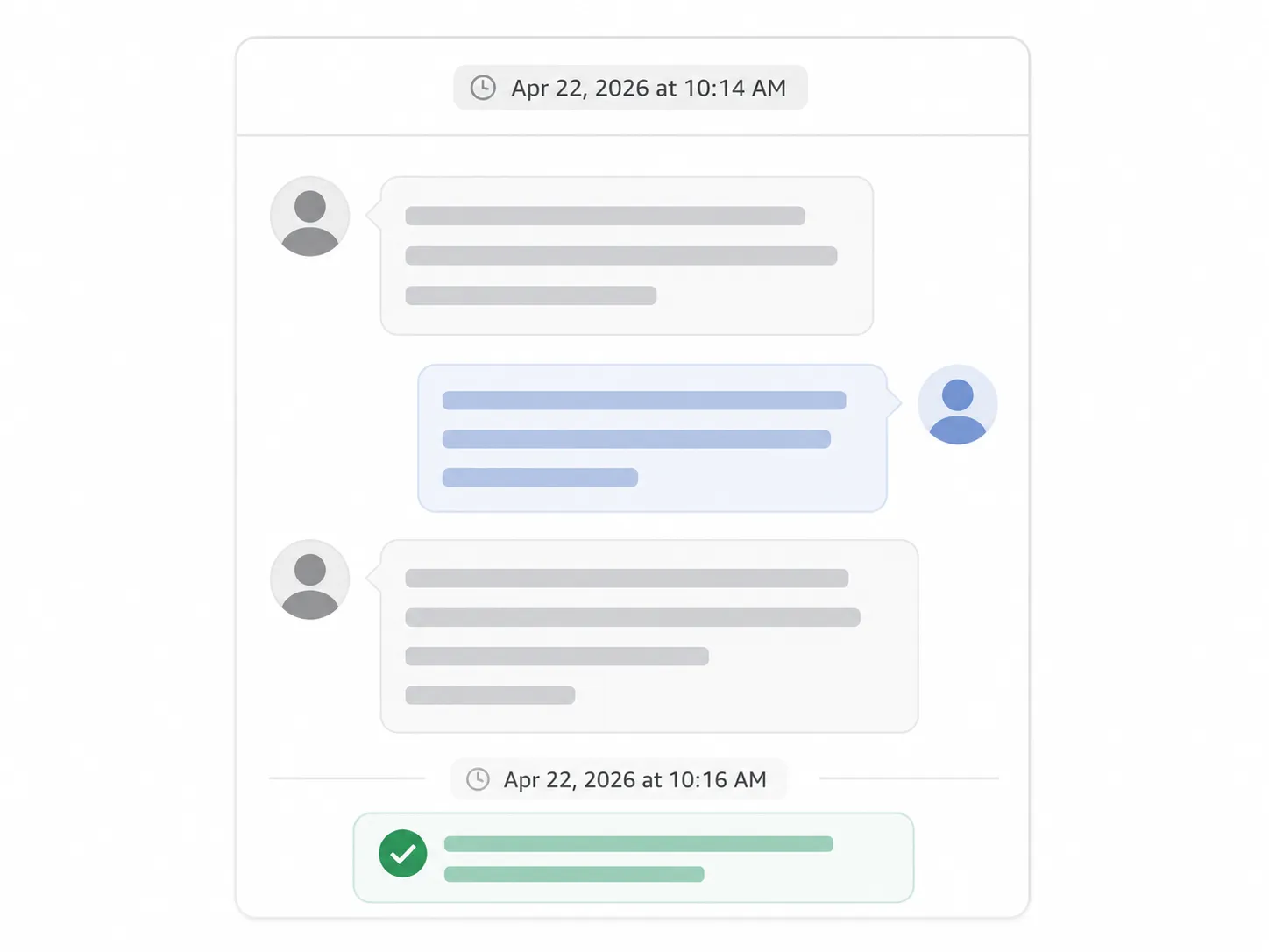 Generic support chat interface with message bubbles and a confirmation indicator, illustrating a reopened Amazon return request followed by a return label being issued.