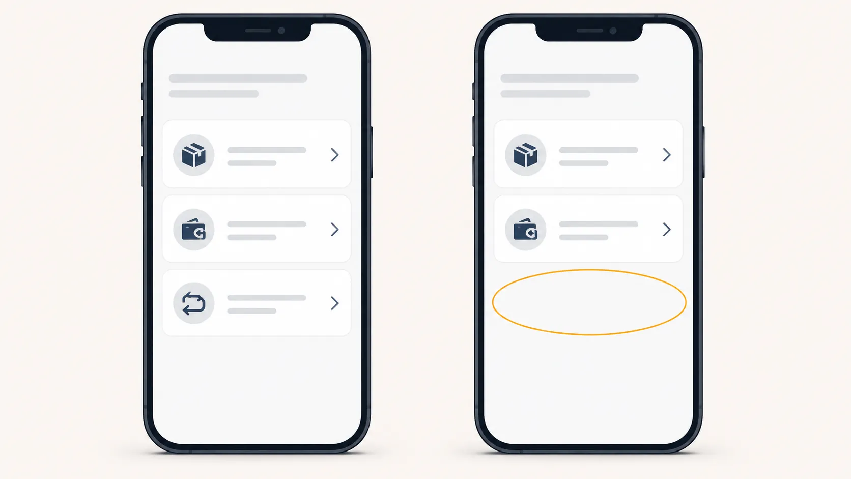 Comparison of two smartphone return screens showing an exchange option available for an Amazon-sold order and absent for a third-party order, with the missing option highlighted.