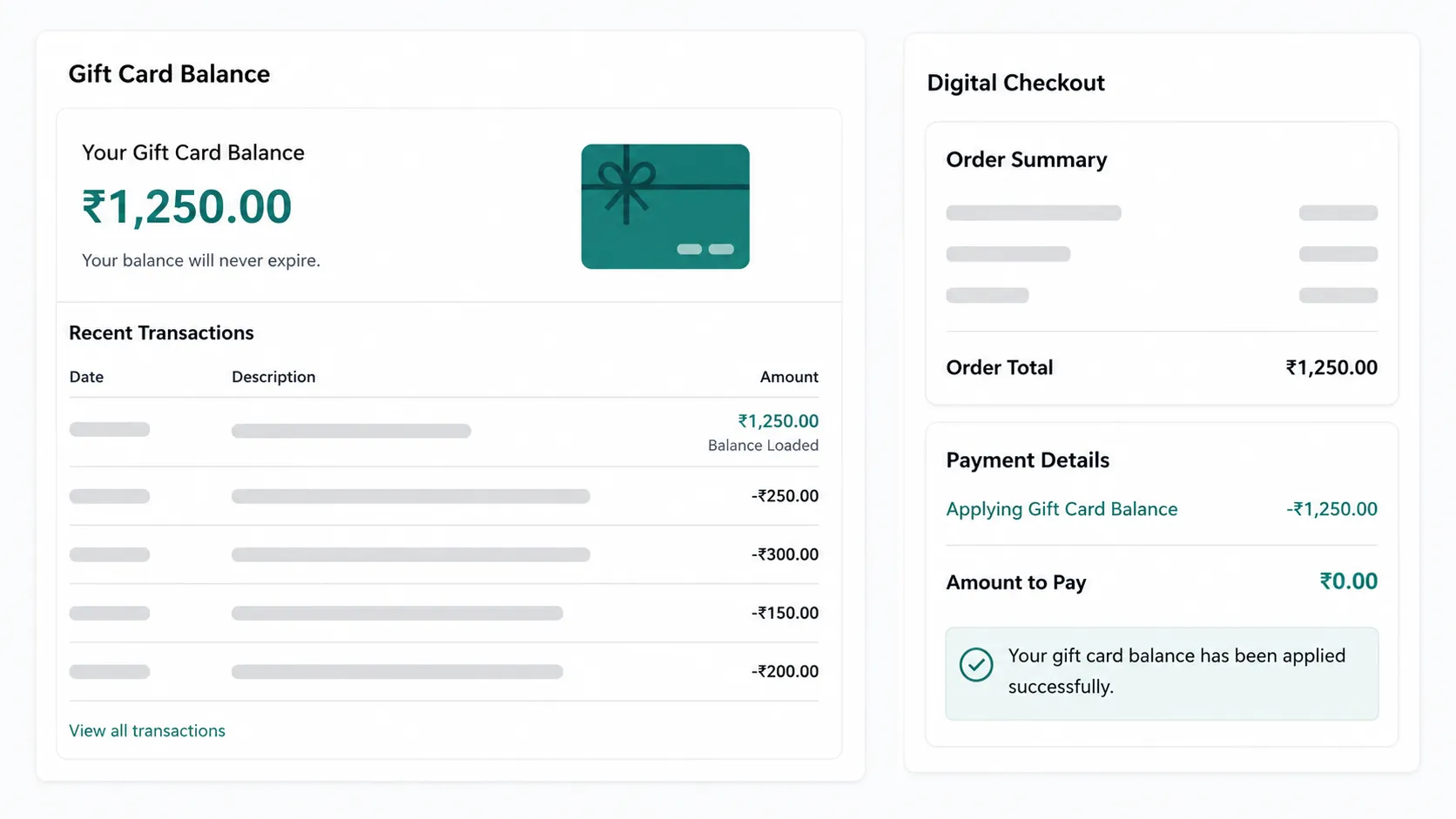 Representative account balance interface showing a gift card balance remaining available during an account restriction, alongside a digital checkout summary applying the balance, with no personal.