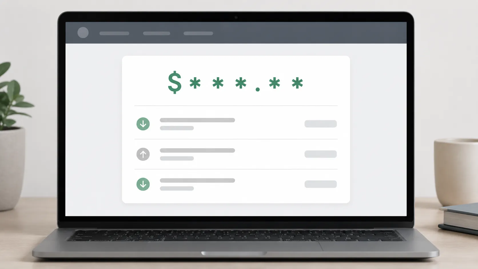 Illustration of an Amazon gift card balance history showing a posted gift return refund with partially masked amounts and dated transaction entries on a laptop screen.