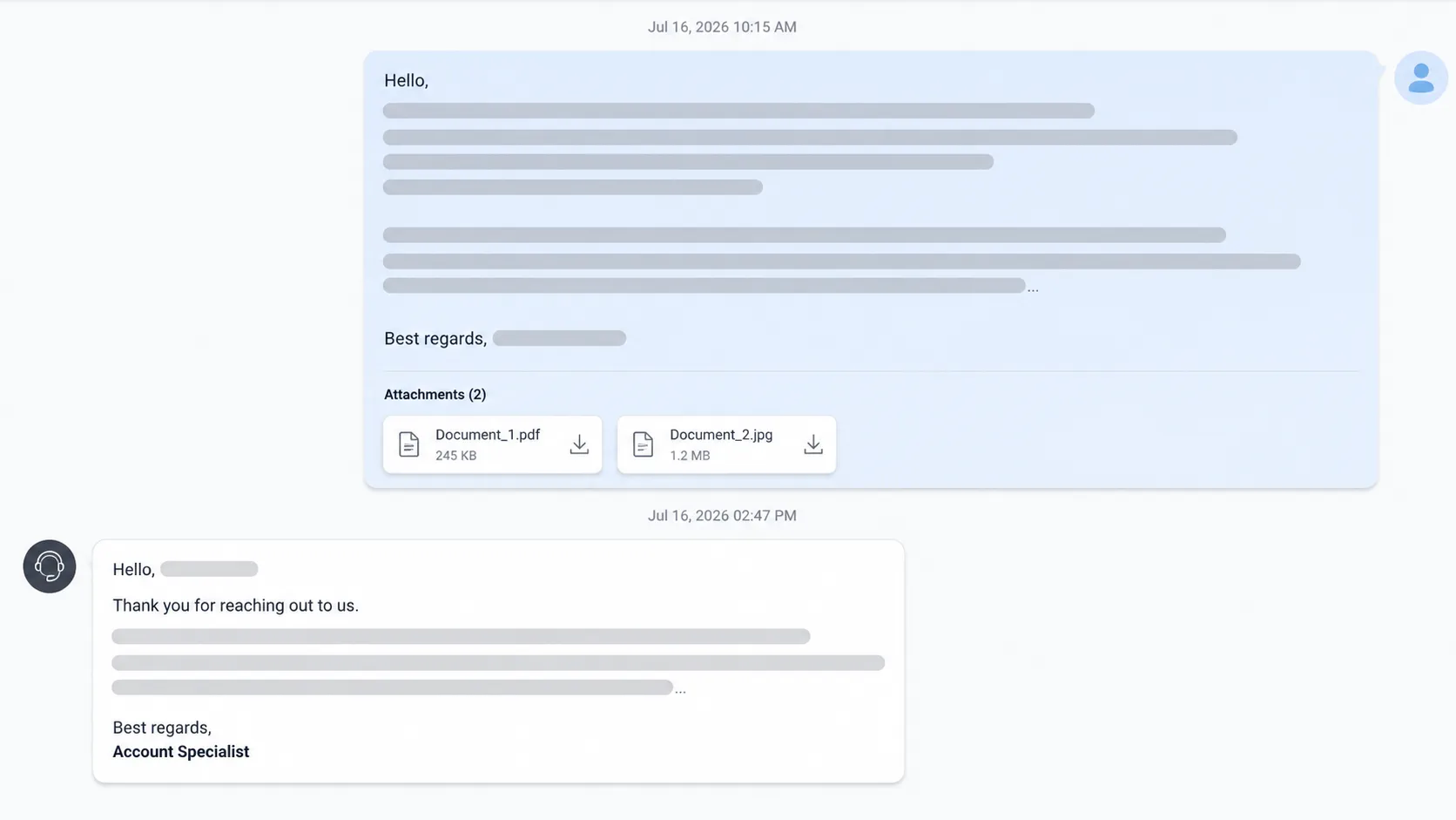 Representative Amazon-style Message Center thread showing a customer appeal message followed by an Account Specialist reply, with all personal information redacted and attachment placeholders visible.