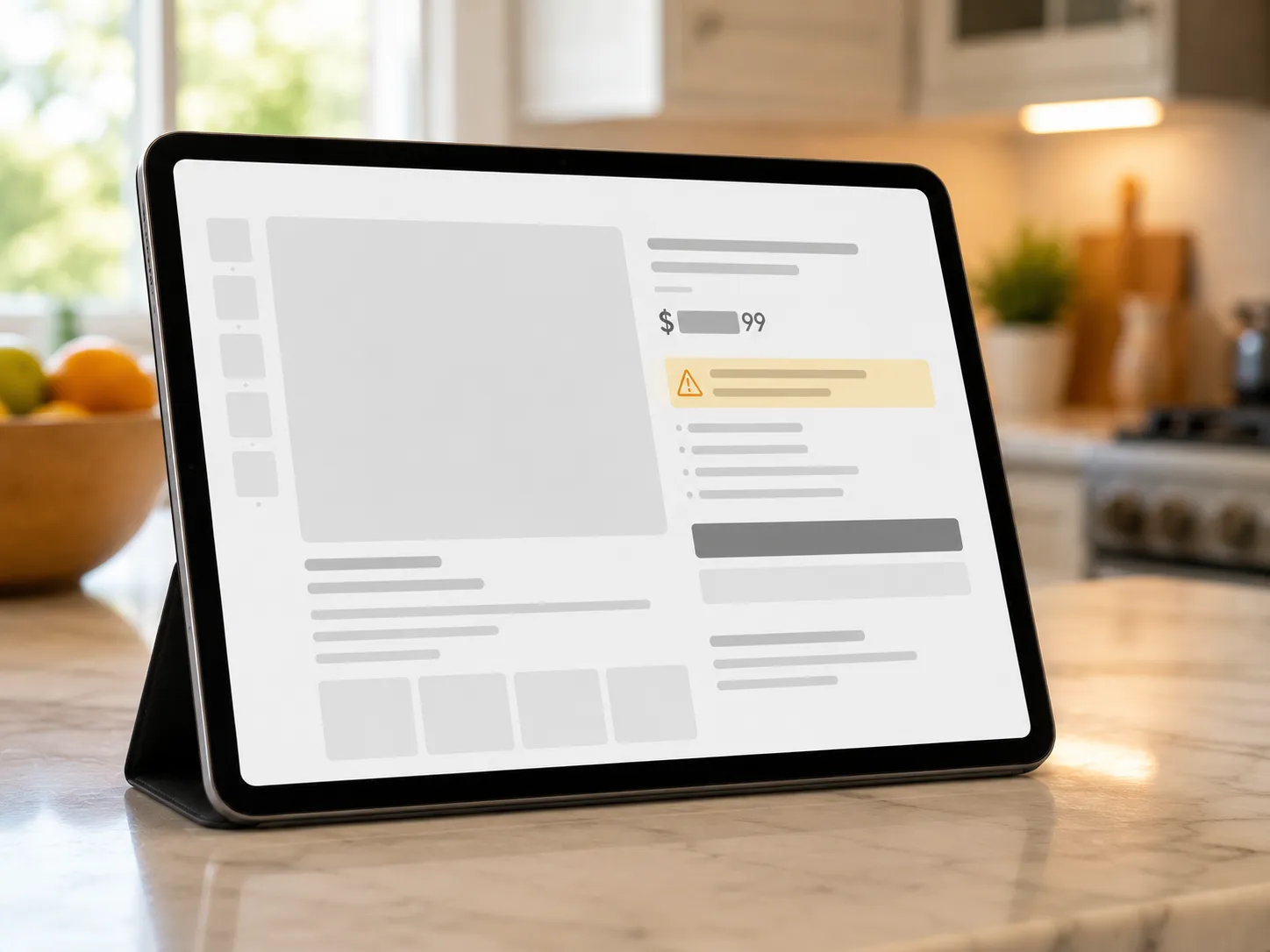 Tablet displaying an Amazon-style product listing with a highlighted non-returnable notice near the price, while product details are cropped and shown as neutral placeholders. memcite