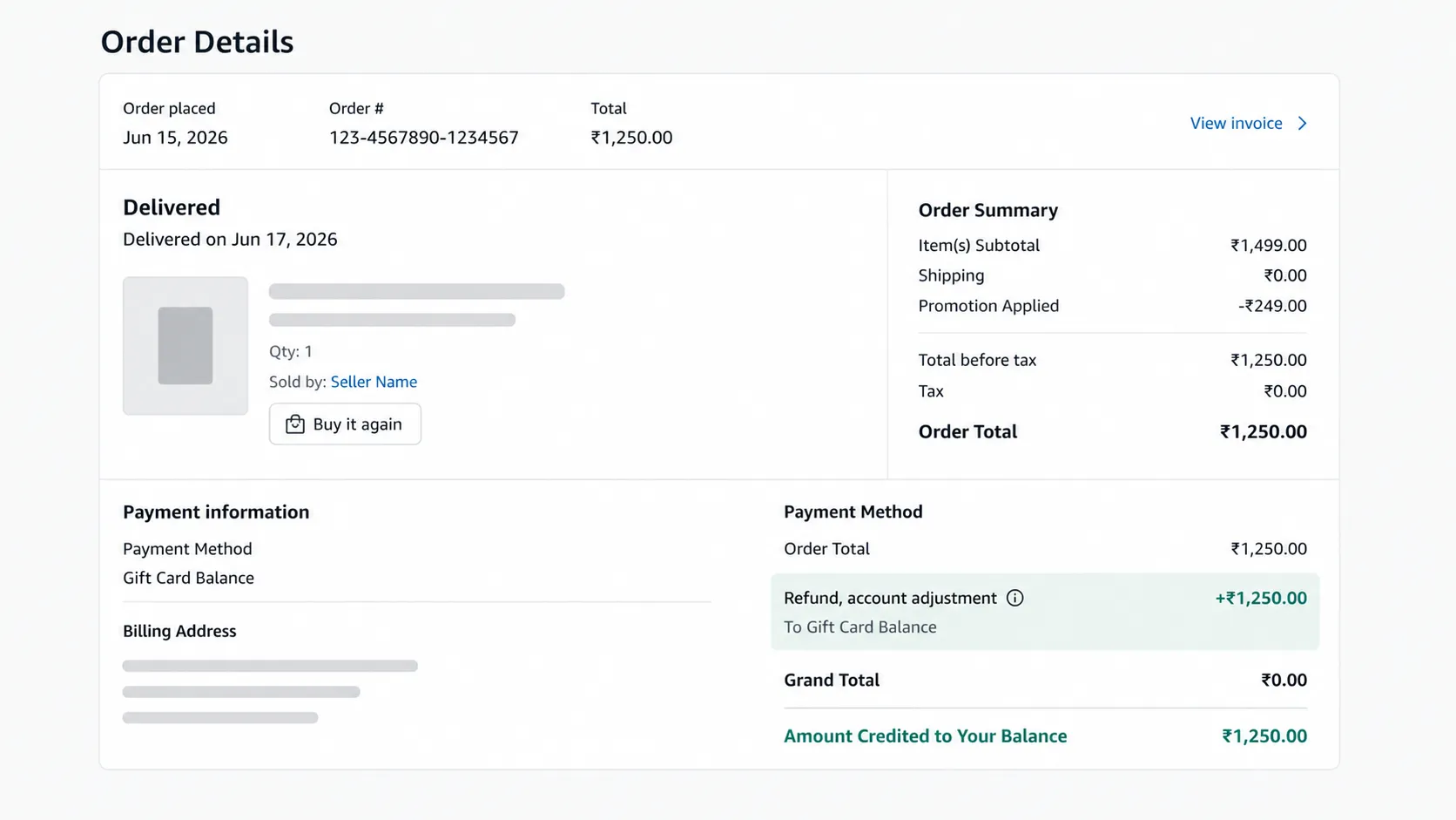 Representative order details page showing a refund account adjustment line with the refund credited to the account balance, using placeholder data and no real personal information or branding.