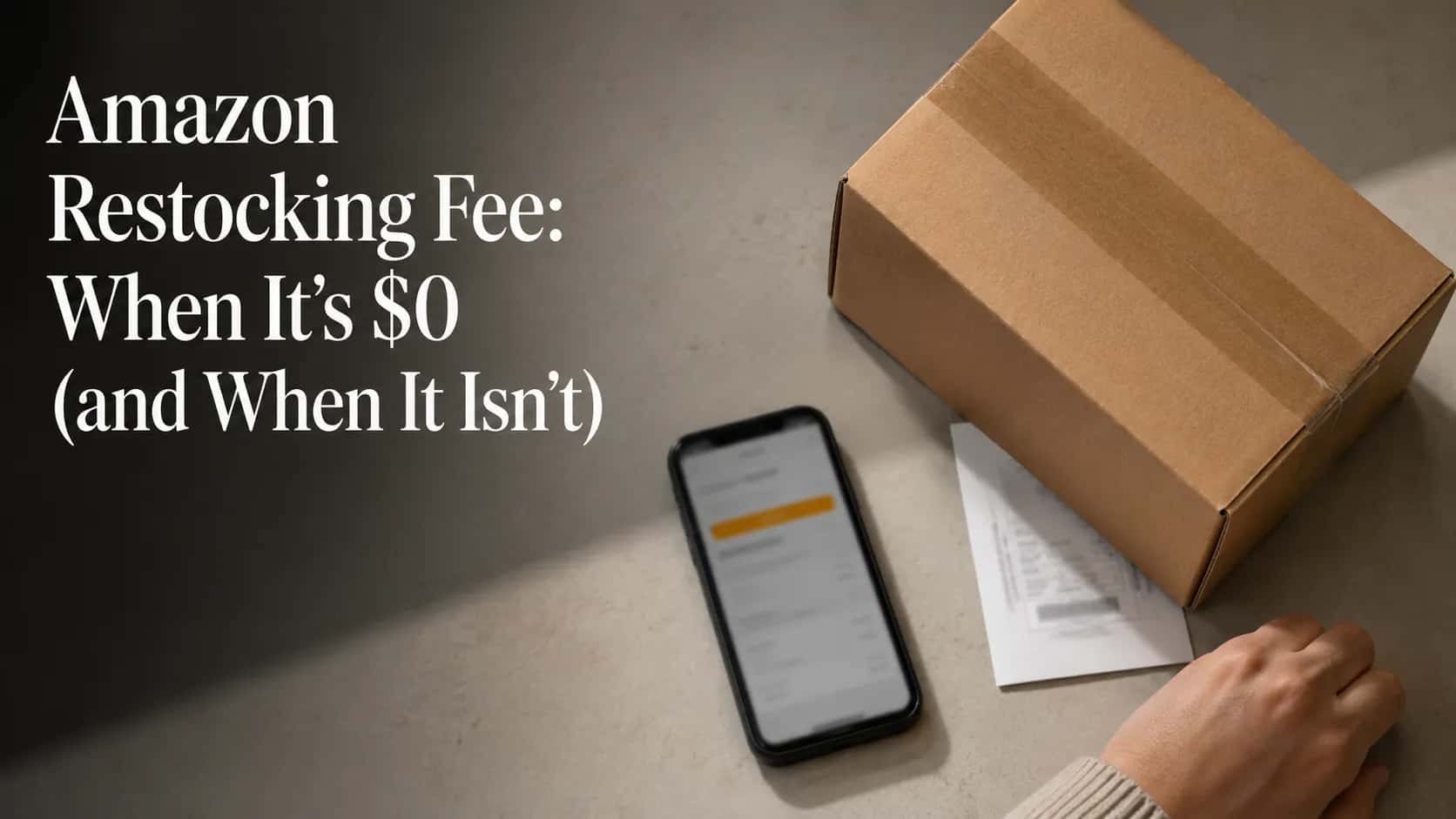 Sealed Amazon return box beside a smartphone showing a refund summary and a return label, illustrating when Amazon restocking fees apply and when they are waived.