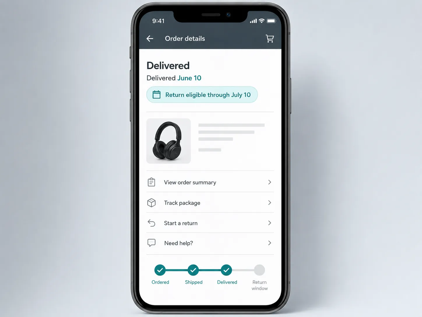 Generic smartphone order details screen showing a delivered item on June 10 with a highlighted return eligibility date through July 10, illustrating Amazon's 30-day return window.