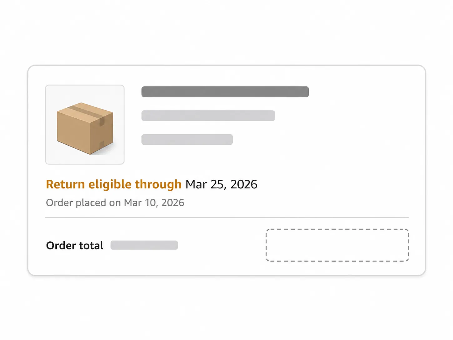 Generic e-commerce order card showing a future “Return eligible through” date with no visible return button, illustrating a missing return action despite eligibility.