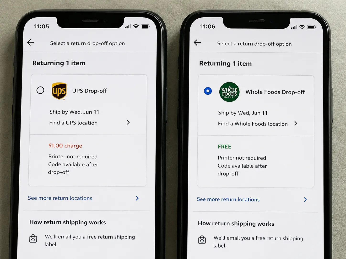 Side-by-side smartphone screens comparing Amazon return drop-off options, with one showing a small UPS return fee and the other showing a free Whole Foods drop-off option selected.